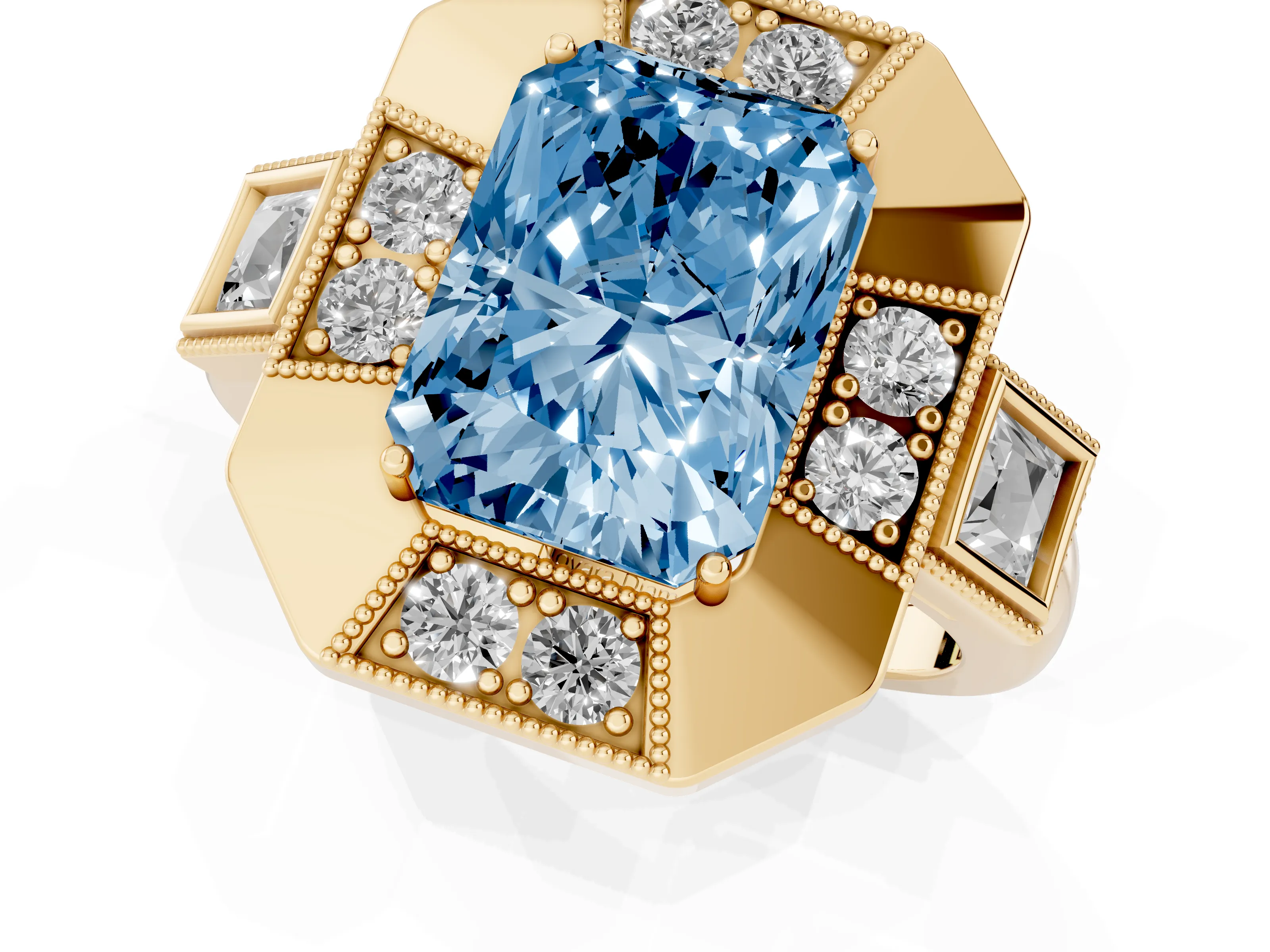 Fancy Blue Radiant Cut Diamond Milgrain Halo Ring Set in Yellow gold with Split Shank