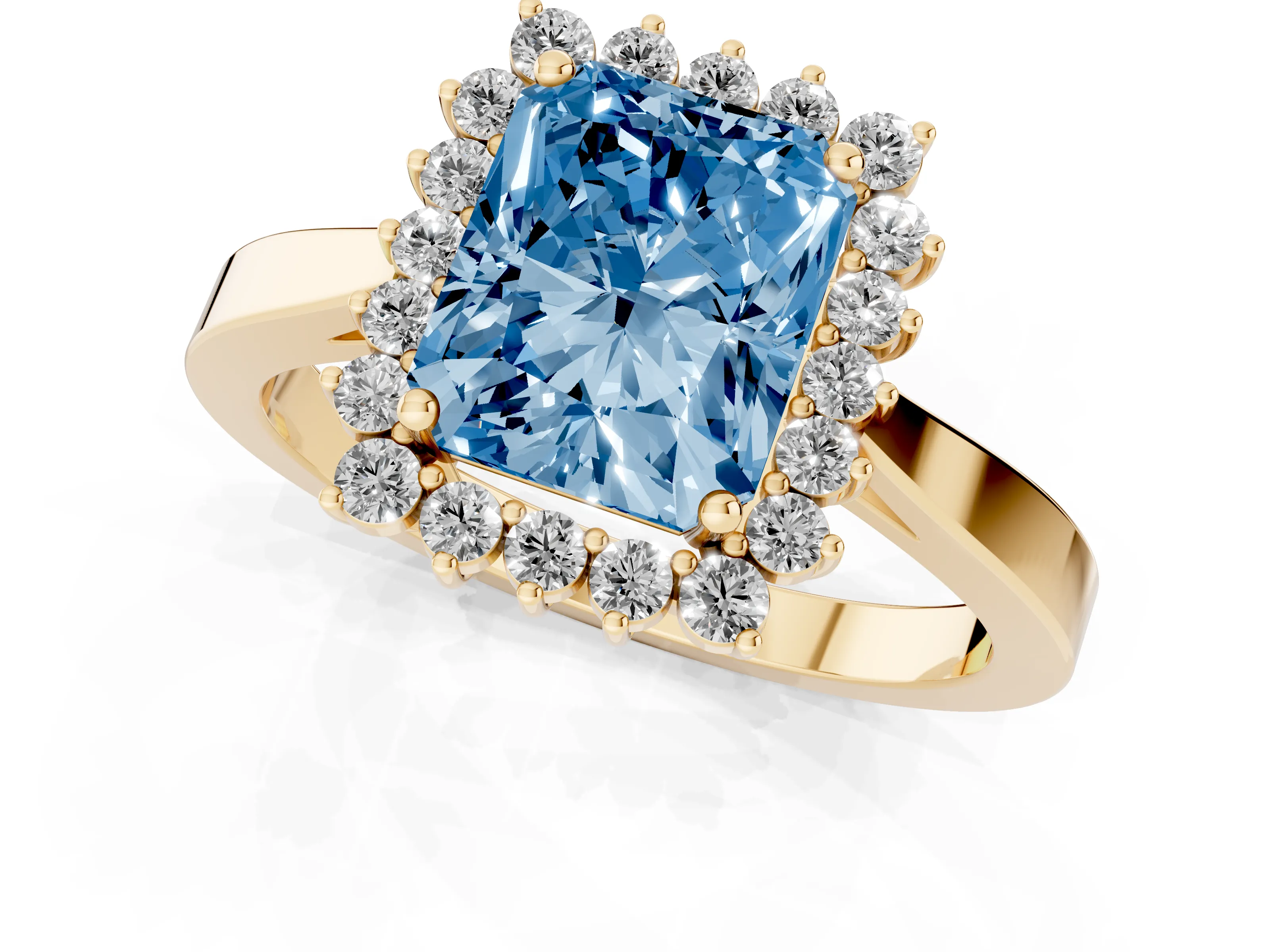 Fancy Blue Radiant Cut Diamond Halo Ring Set in Yellow gold with Round Halo and Smooth Solitaire Band