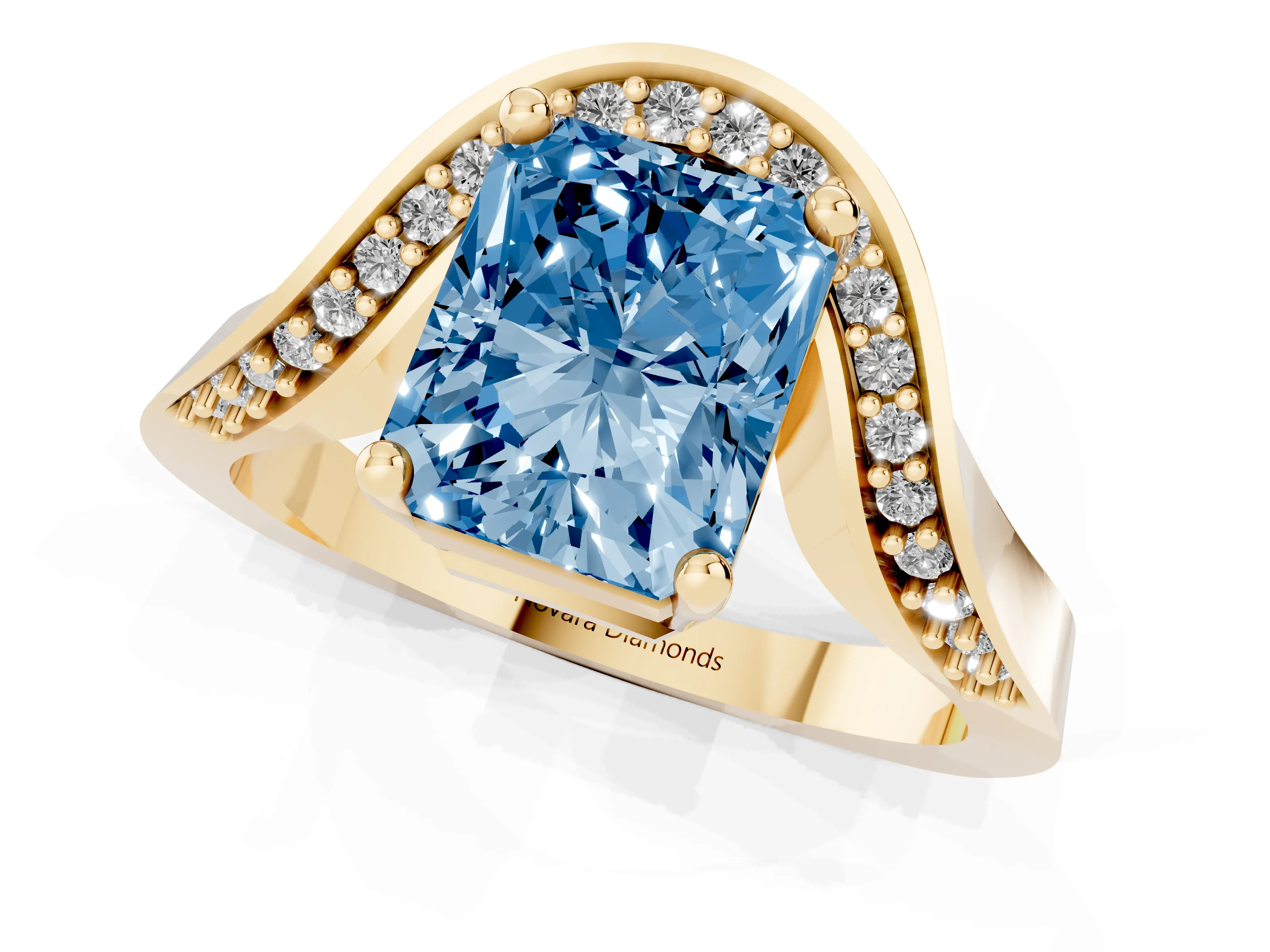 Fancy Blue Radiant Cut Diamond Solitaire Engagement Ring Set in Yellow gold with Pavé Shoulders