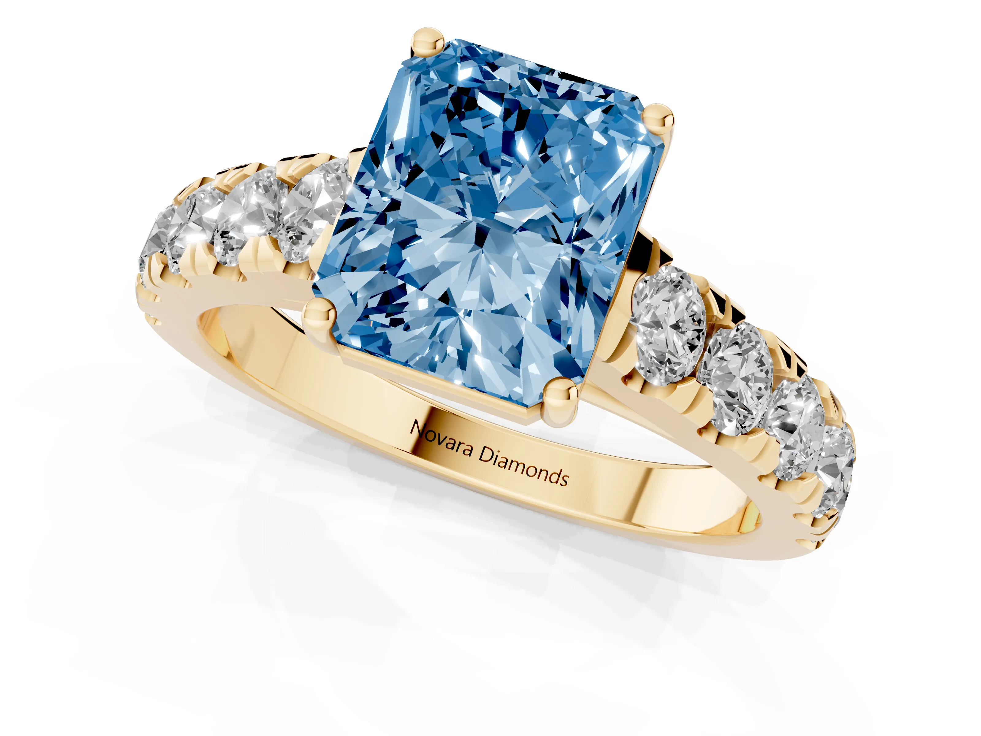 Fancy Blue Radiant Cut Diamond Solitaire Ring Set in Yellow gold with Cut-Down Micro Pavé Band and Prong Setting