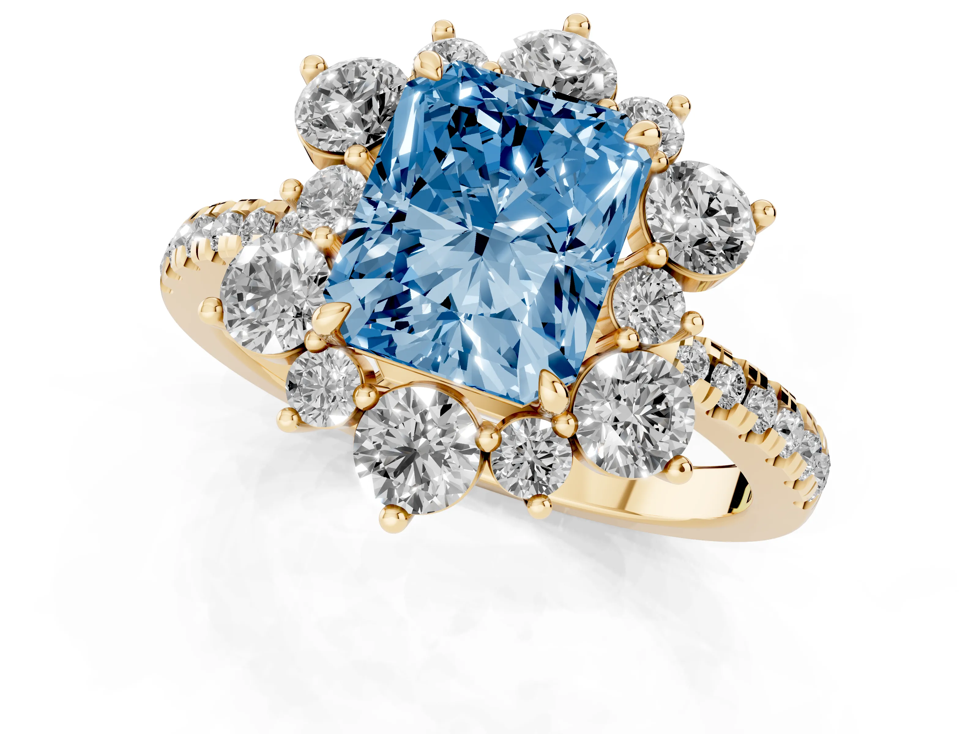 Fancy Blue Radiant Cut Diamond Floral Halo Ring Set in Yellow gold with Round Pavé Band and Prong Setting