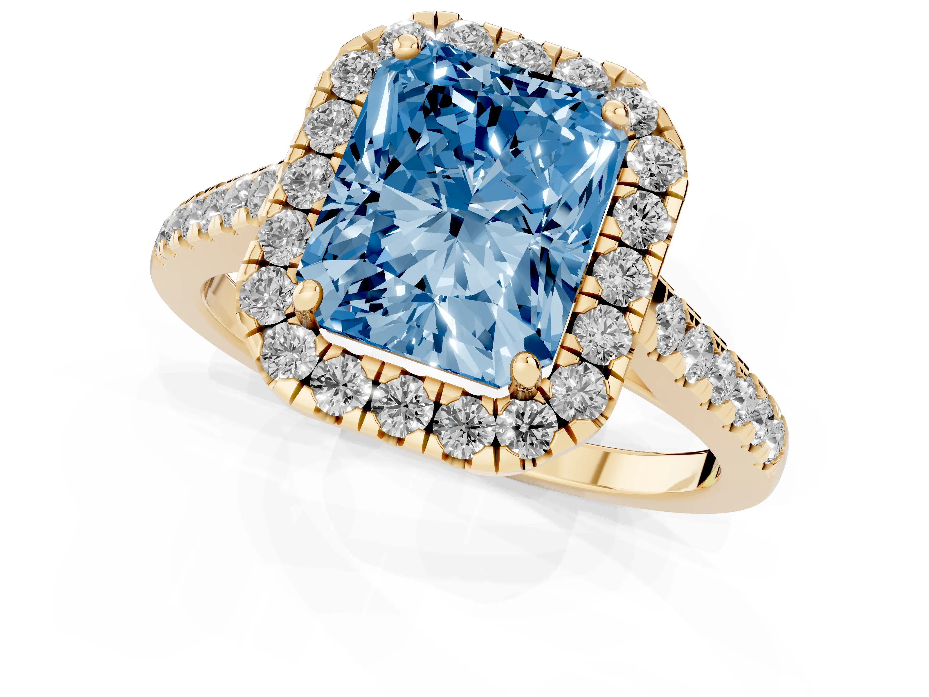 Fancy Blue Radiant Cut Diamond Halo Pavé Engagement Ring Set in Yellow gold with Prong Setting