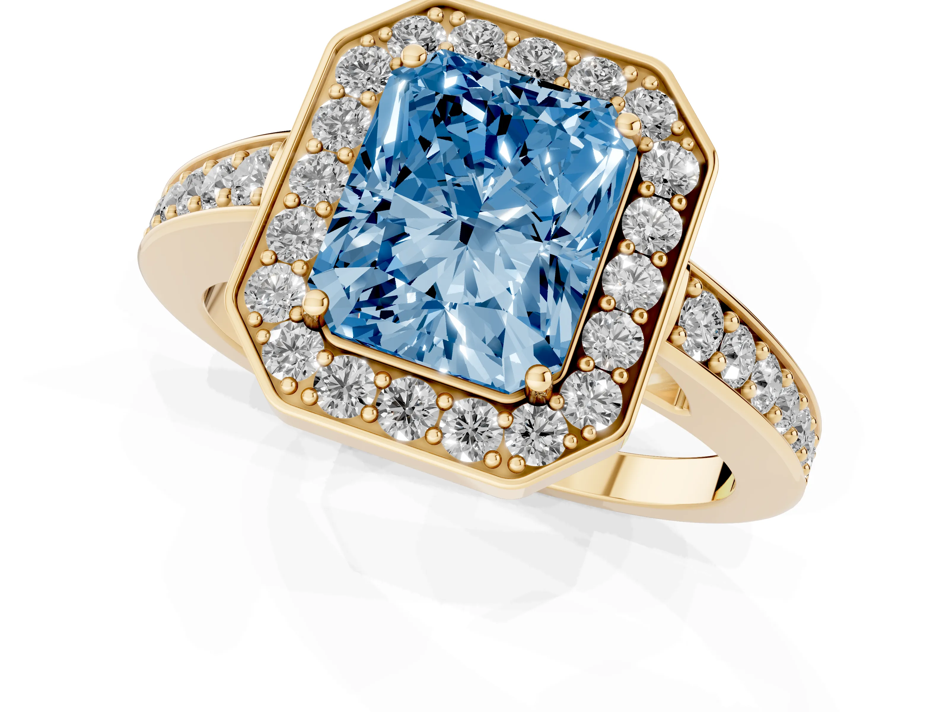 Fancy Blue Radiant Cut Diamond Halo Pavé Engagement Ring Set in Yellow gold with Bezel Setting