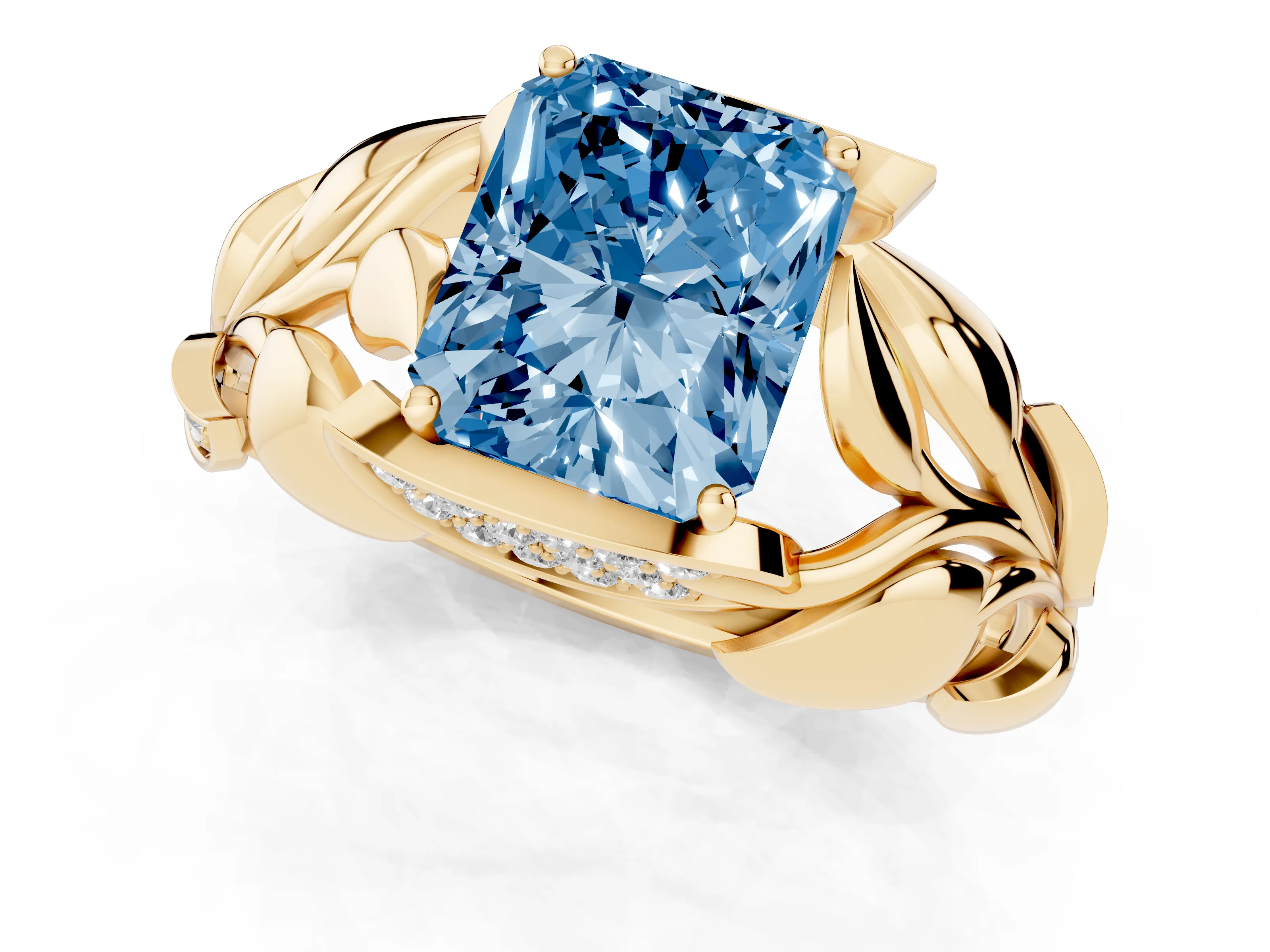 Fancy Blue Radiant Cut Diamond Leaf-Inspired Engagement Ring Set in Yellow gold with Round Accents