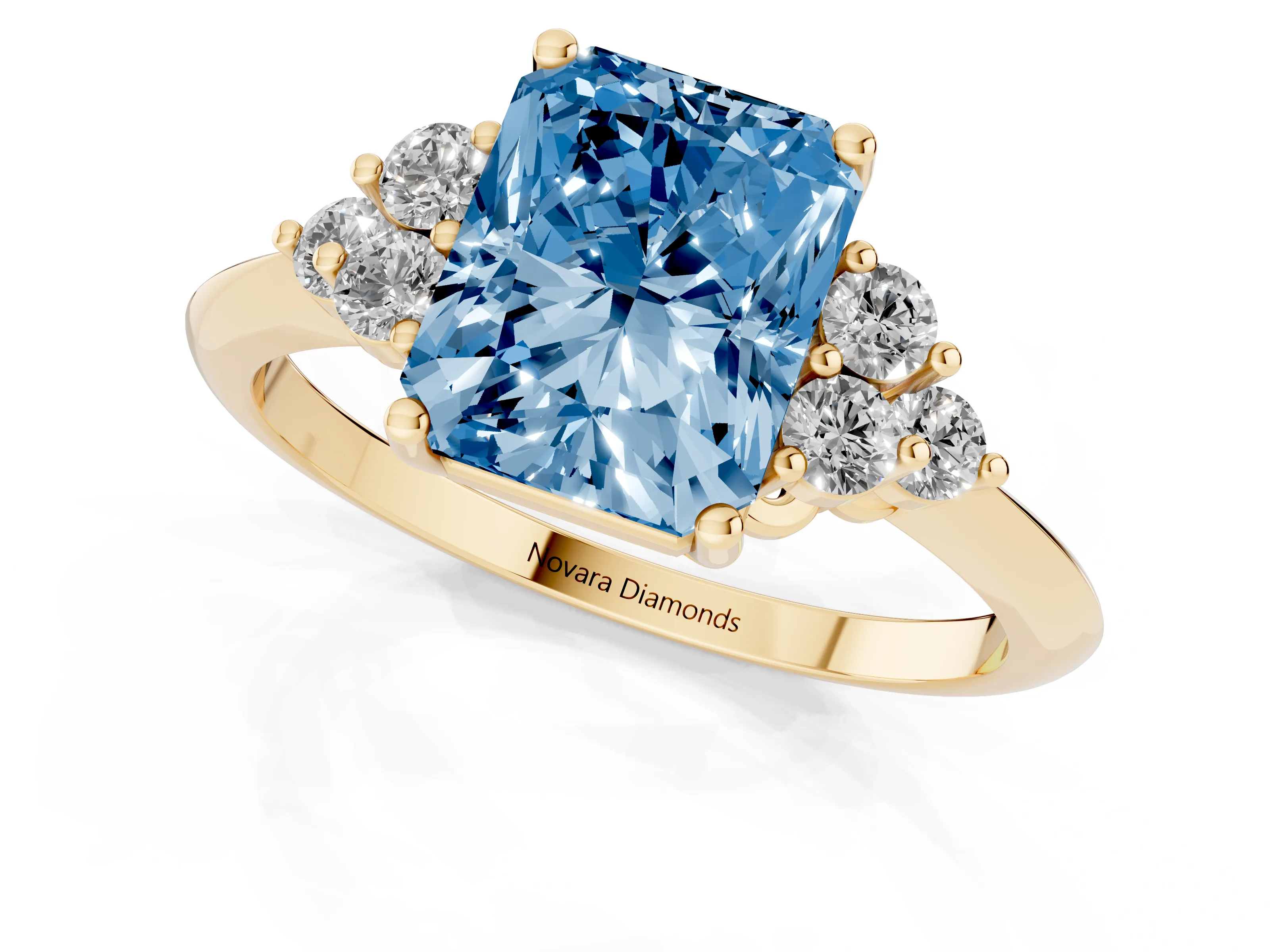 Fancy Blue Radiant Cut Diamond Cluster Ring Set in Yellow gold with Plain Band and Prong Setting