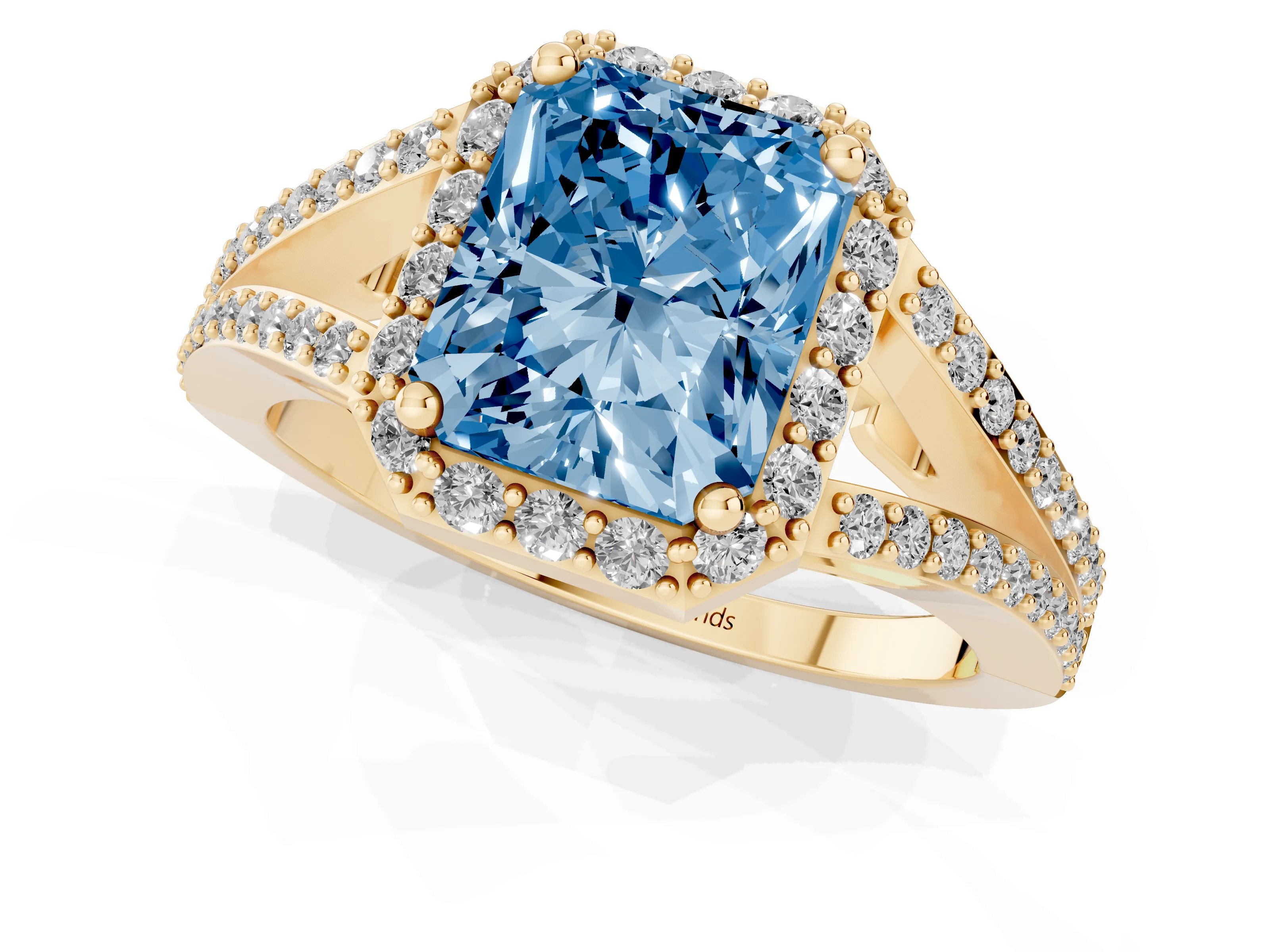 Fancy Blue Radiant Cut Diamond Halo Split Shank Pavé Ring Set in Yellow gold with Prong Setting