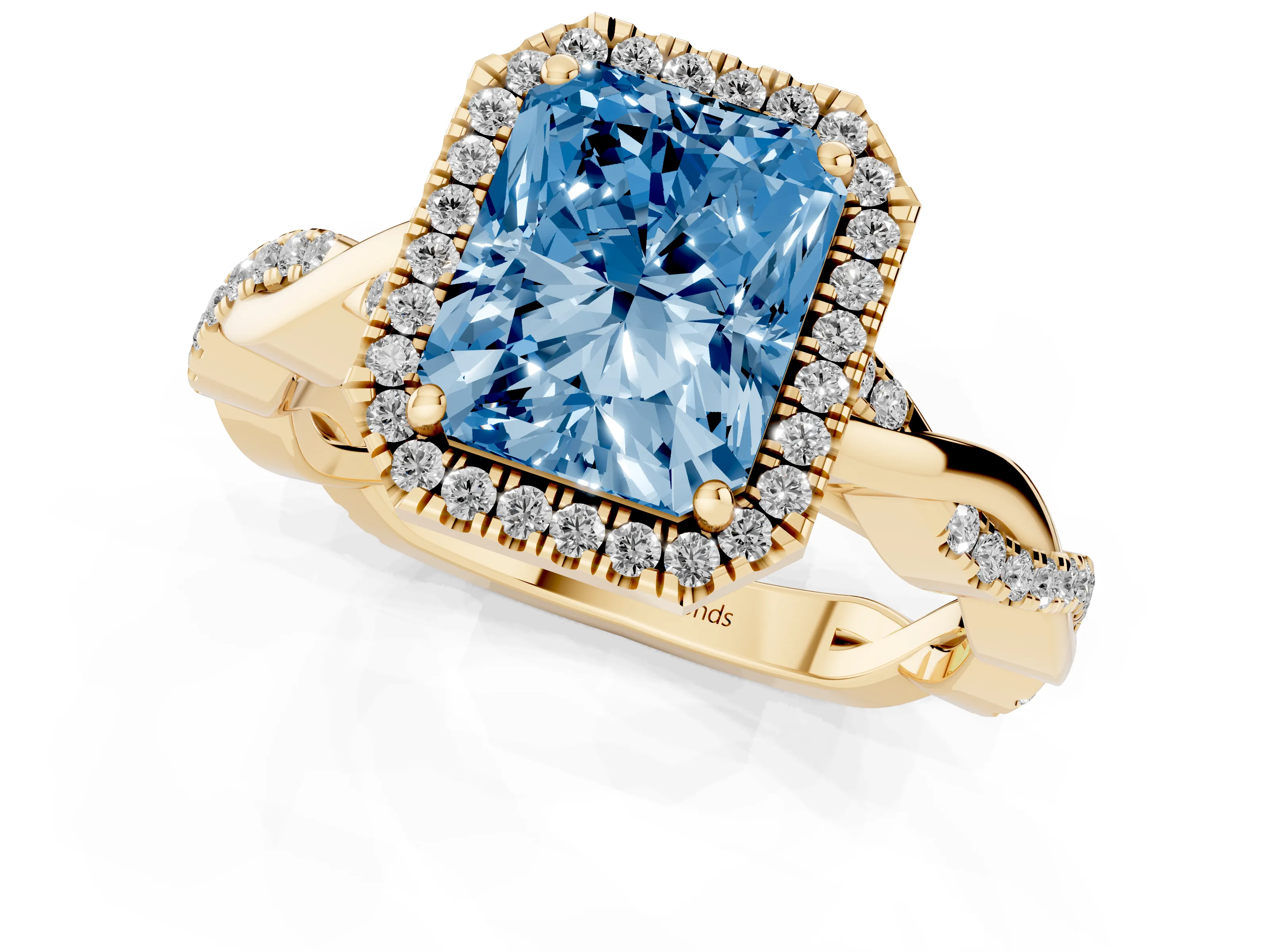 Fancy Blue Radiant Cut Diamond Halo Twisted Band Ring Set in Yellow gold with Prong Setting