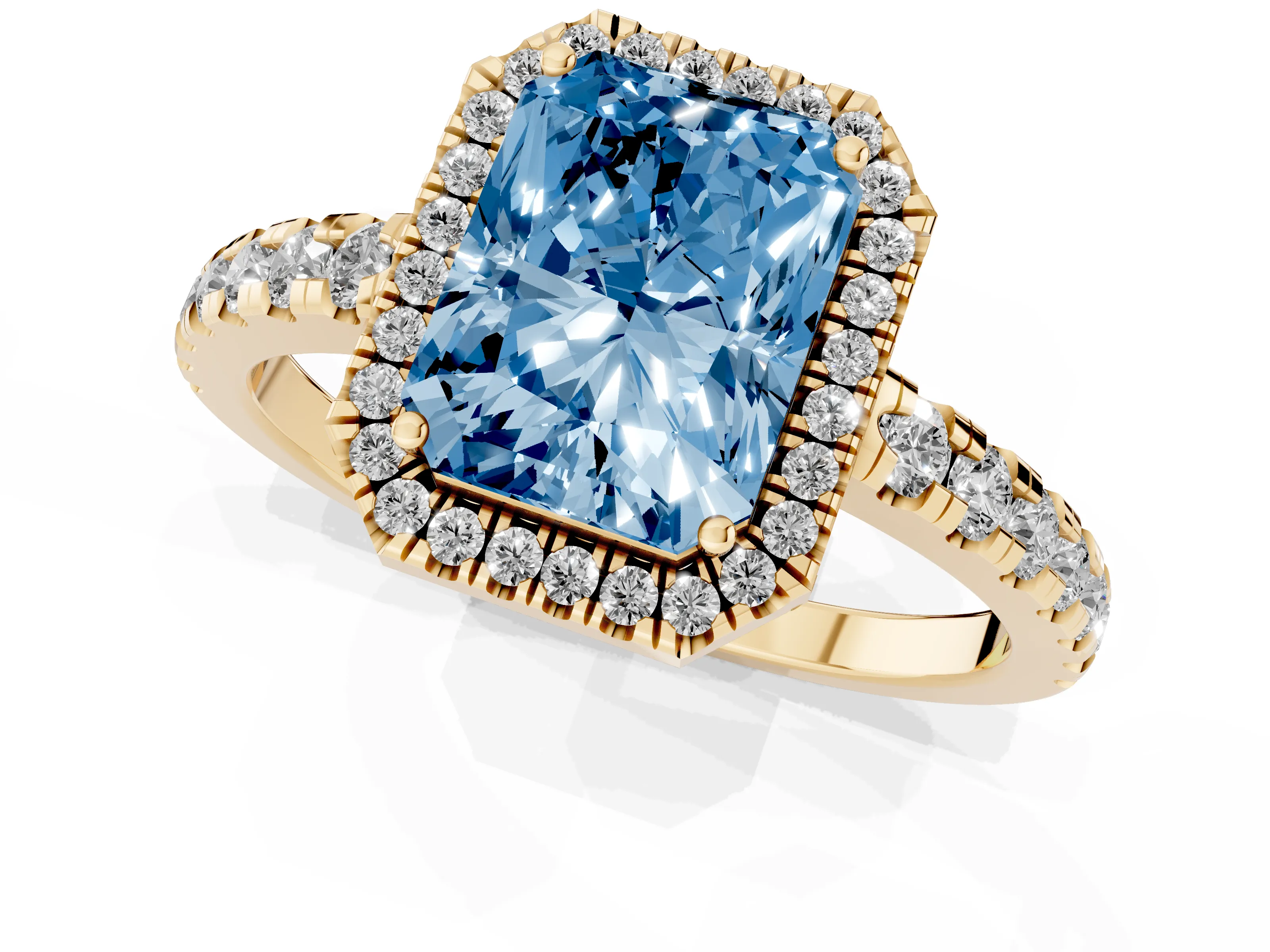 Fancy Blue Radiant Cut Diamond Halo Ring Set in Yellow gold with Delicate Pavé Band and Prong Setting