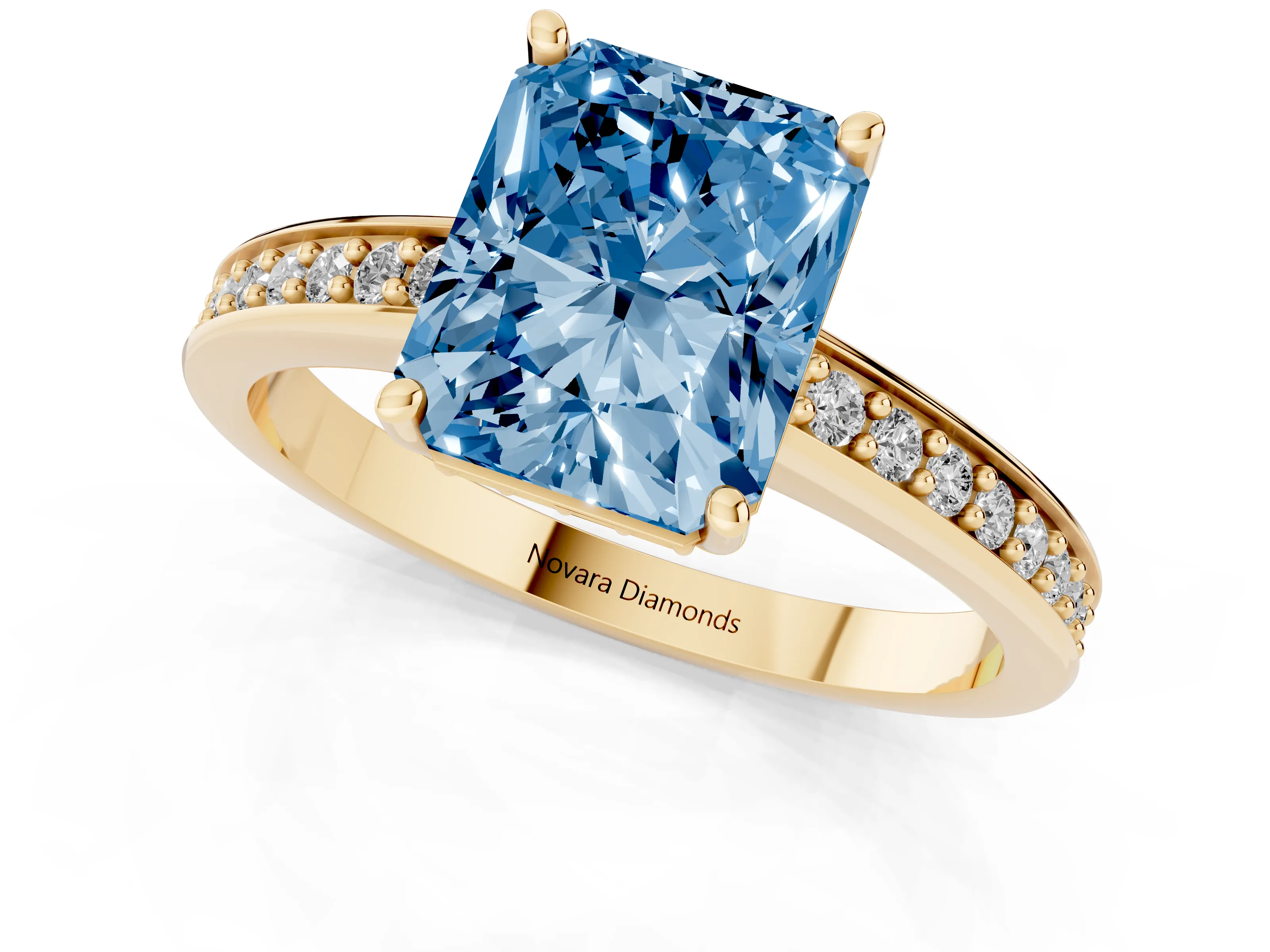 Fancy Blue Radiant Cut Diamond Pavé Band Prong Set Solitaire Ring Set in Yellow gold