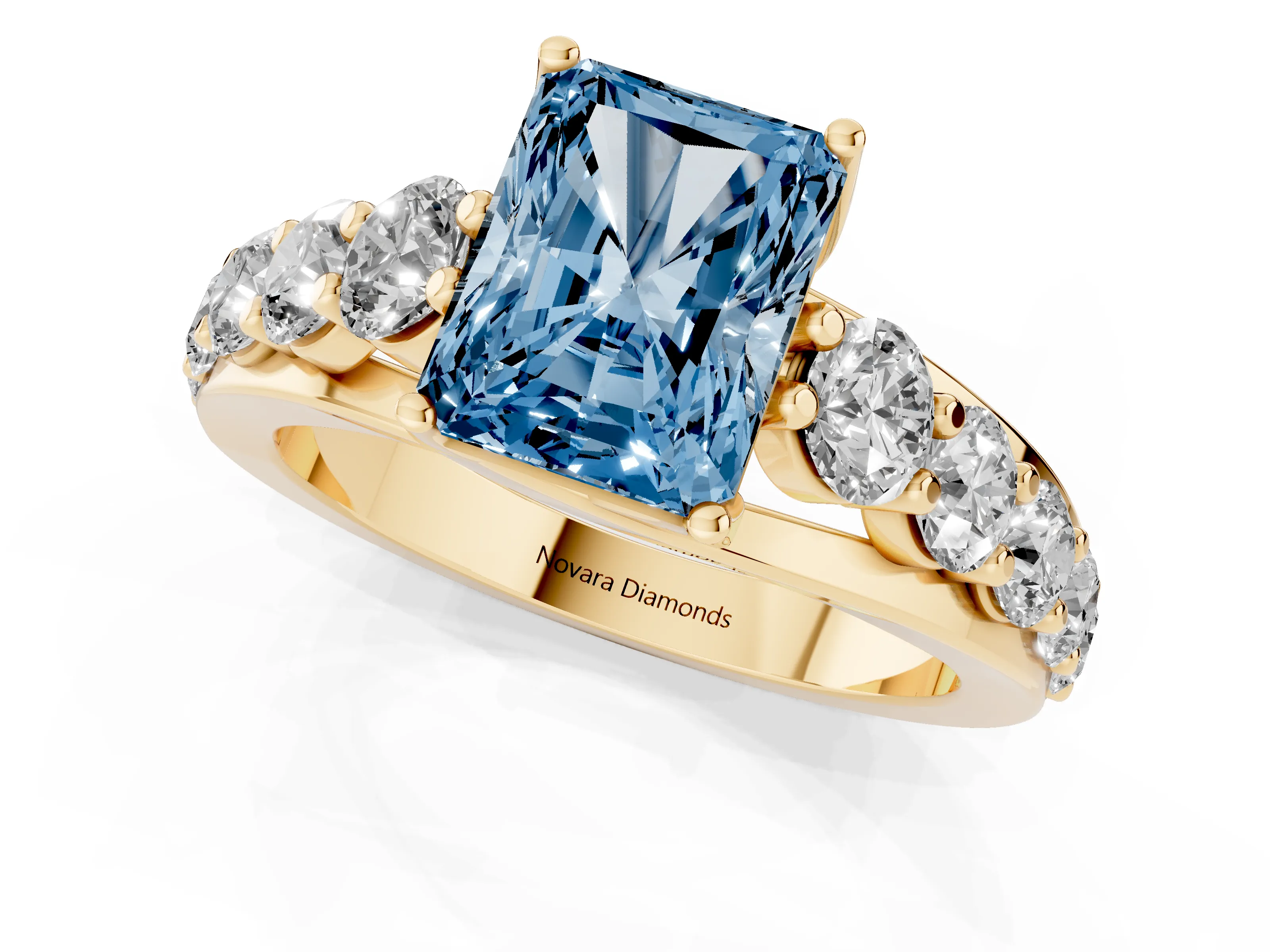 Fancy Blue Radiant Cut Diamond Pavé Engagement Ring Set in Yellow gold with Prong Setting