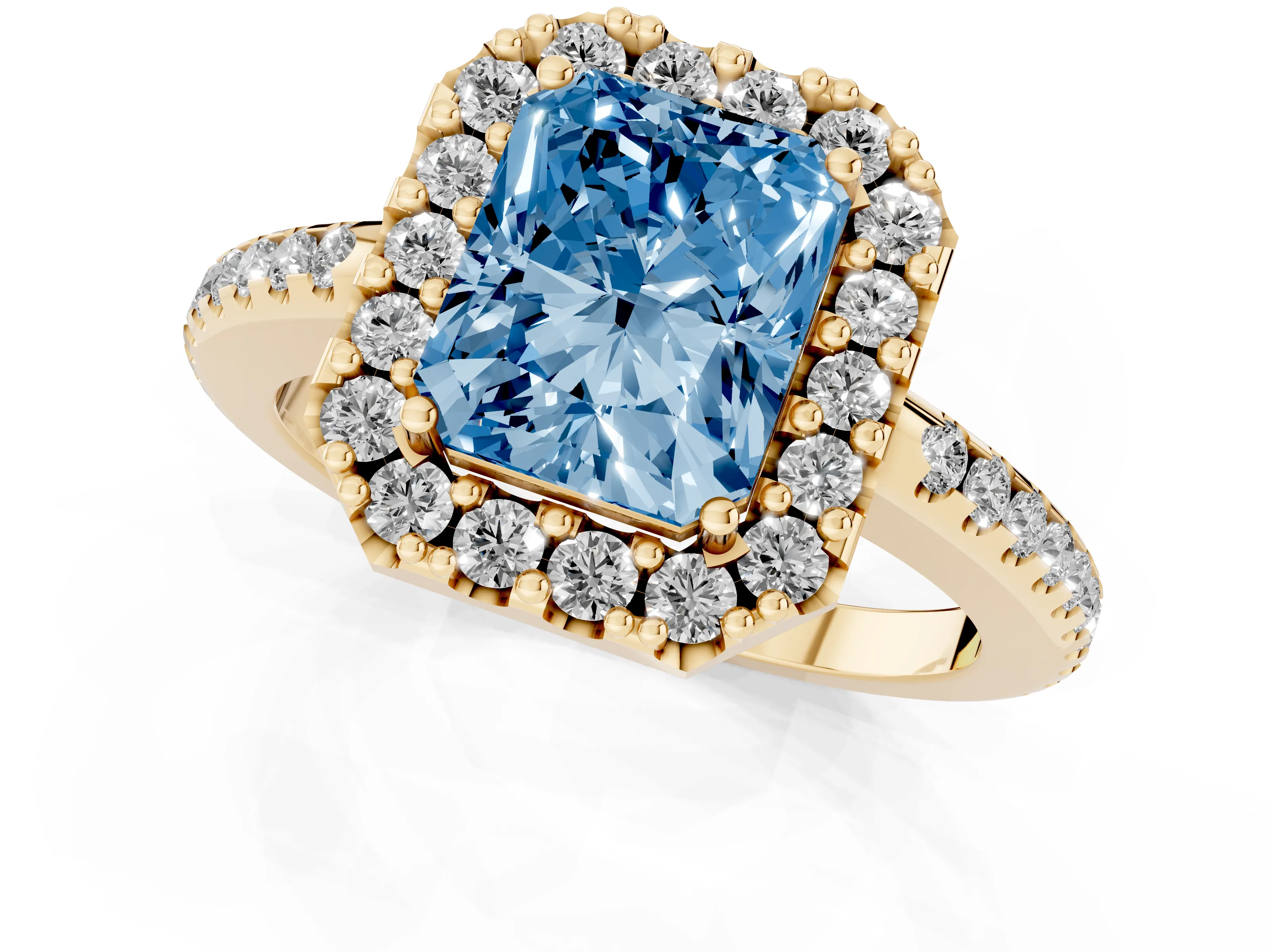 Fancy Blue Radiant Cut Diamond Pavé Halo Ring Set in Yellow gold with Prong Setting