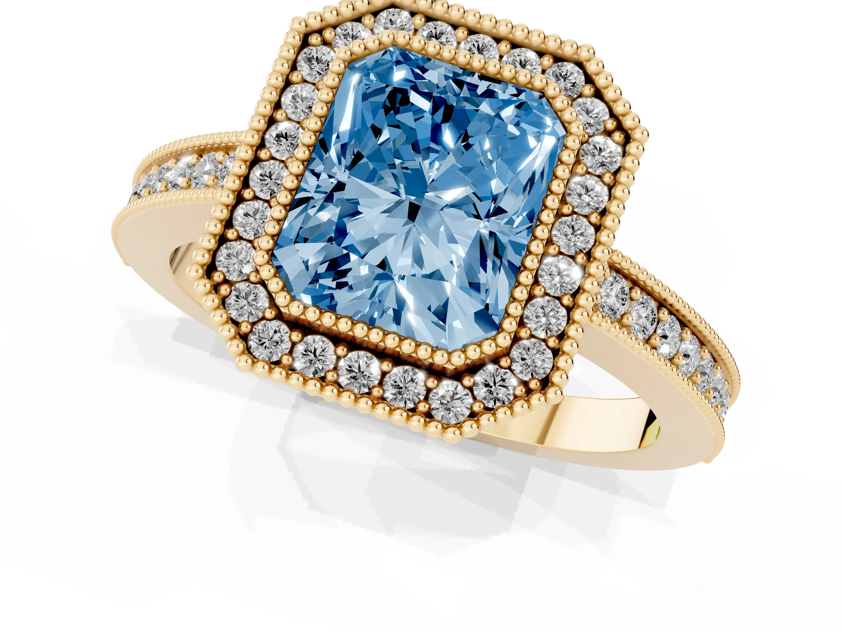 Fancy Blue Radiant Cut Diamond Round Halo Ring Set in Yellow gold with Pavé Band