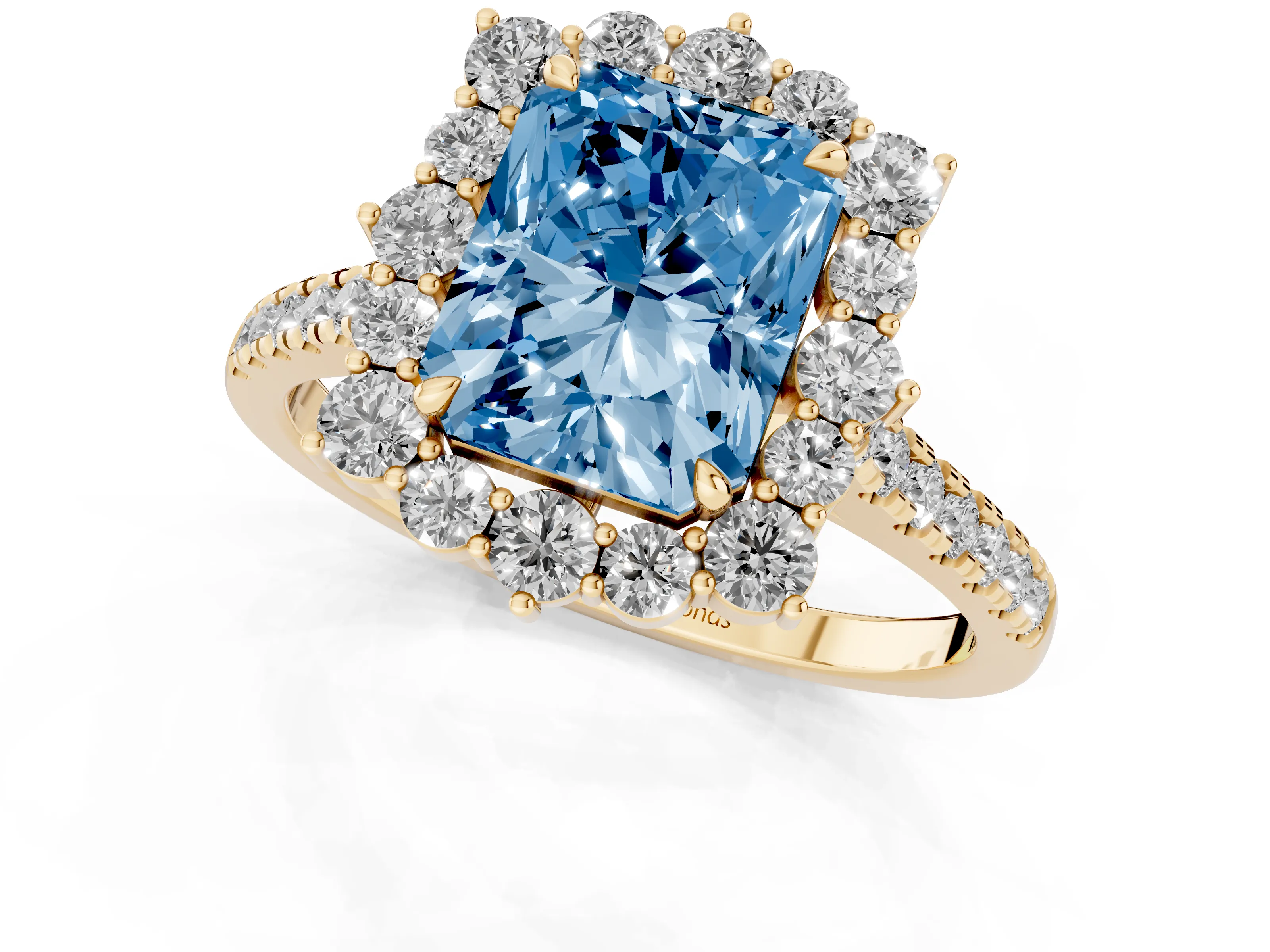 Fancy Blue Radiant Cut Diamond Halo Ring Set in Yellow gold with Pavé Band and Prong Setting