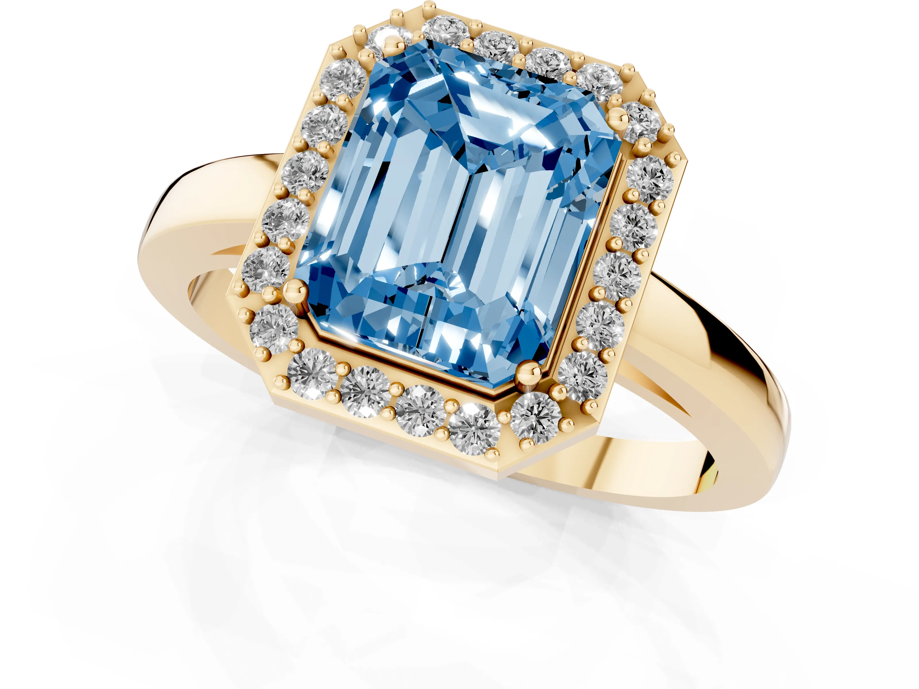 Fancy Blue Radiant Cut Diamond Halo Ring Set in Yellow gold with Solitaire Band and Prong Setting – second view