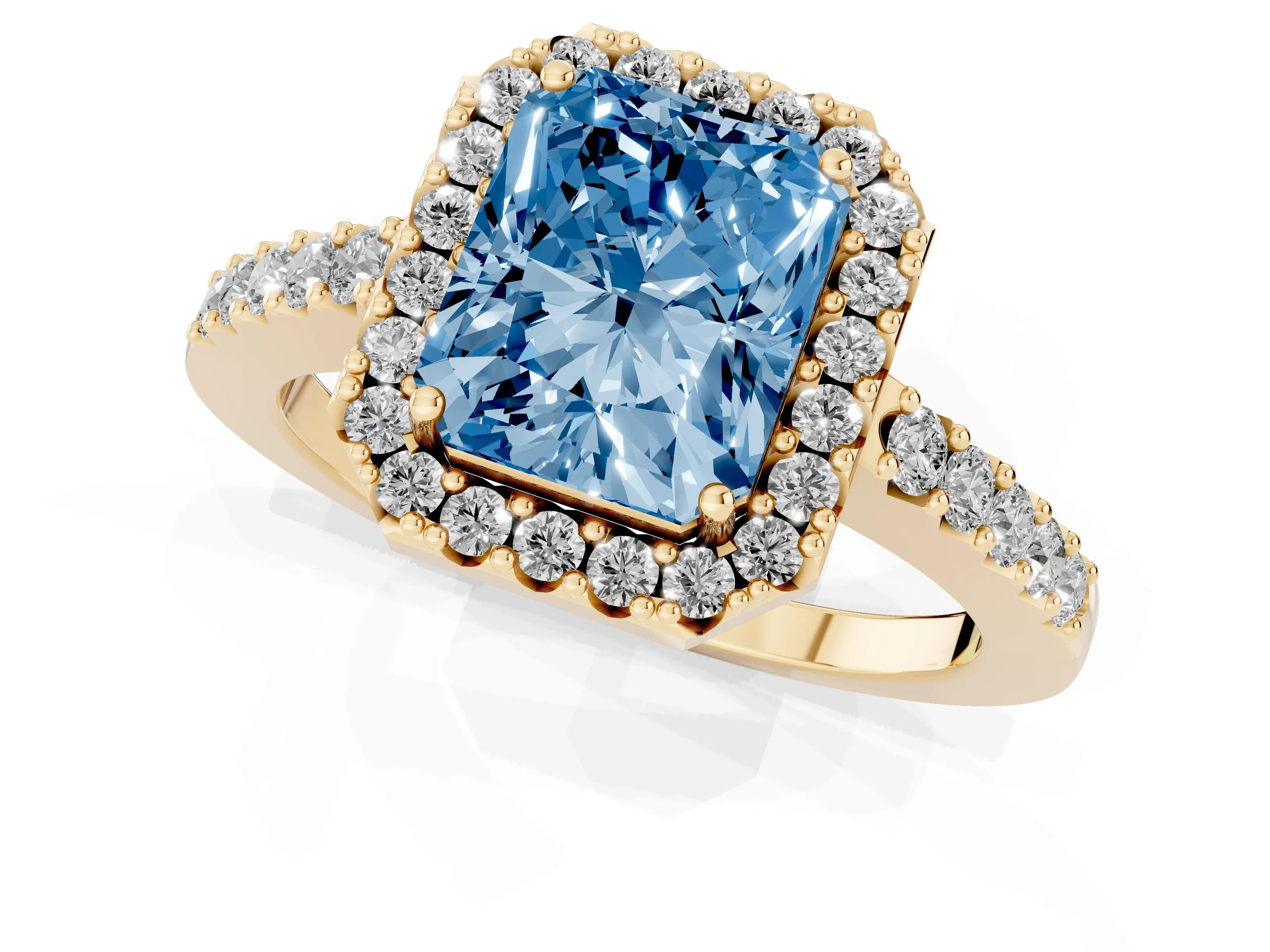 Fancy Blue Radiant Cut Diamond Halo Pavé Solitaire Ring Set in Yellow gold with Prong-Set Center Stone