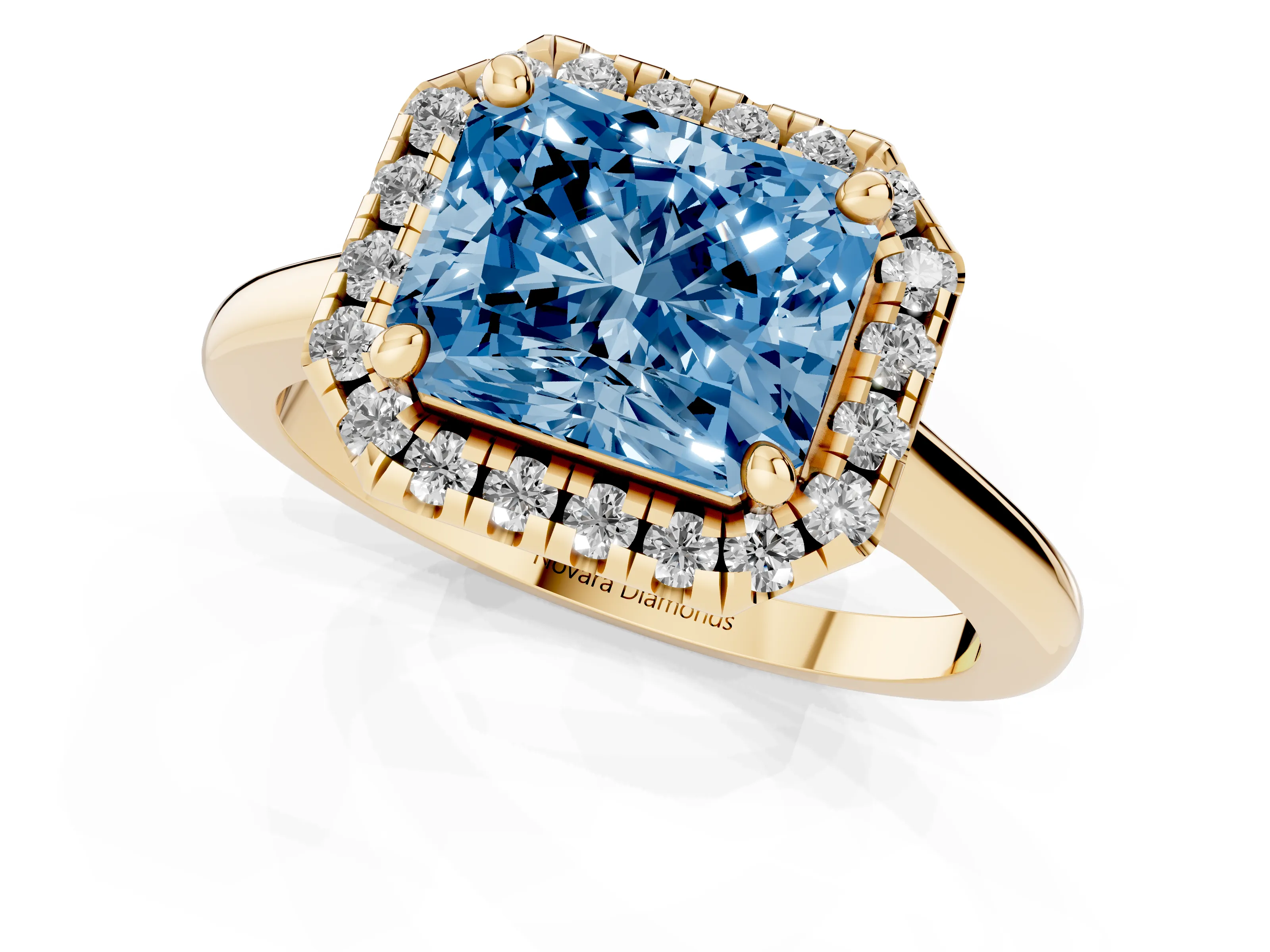 Fancy Blue Radiant Cut Diamond Halo Engagement Ring Set in Yellow gold with Pavé Band and Rising Shoulders