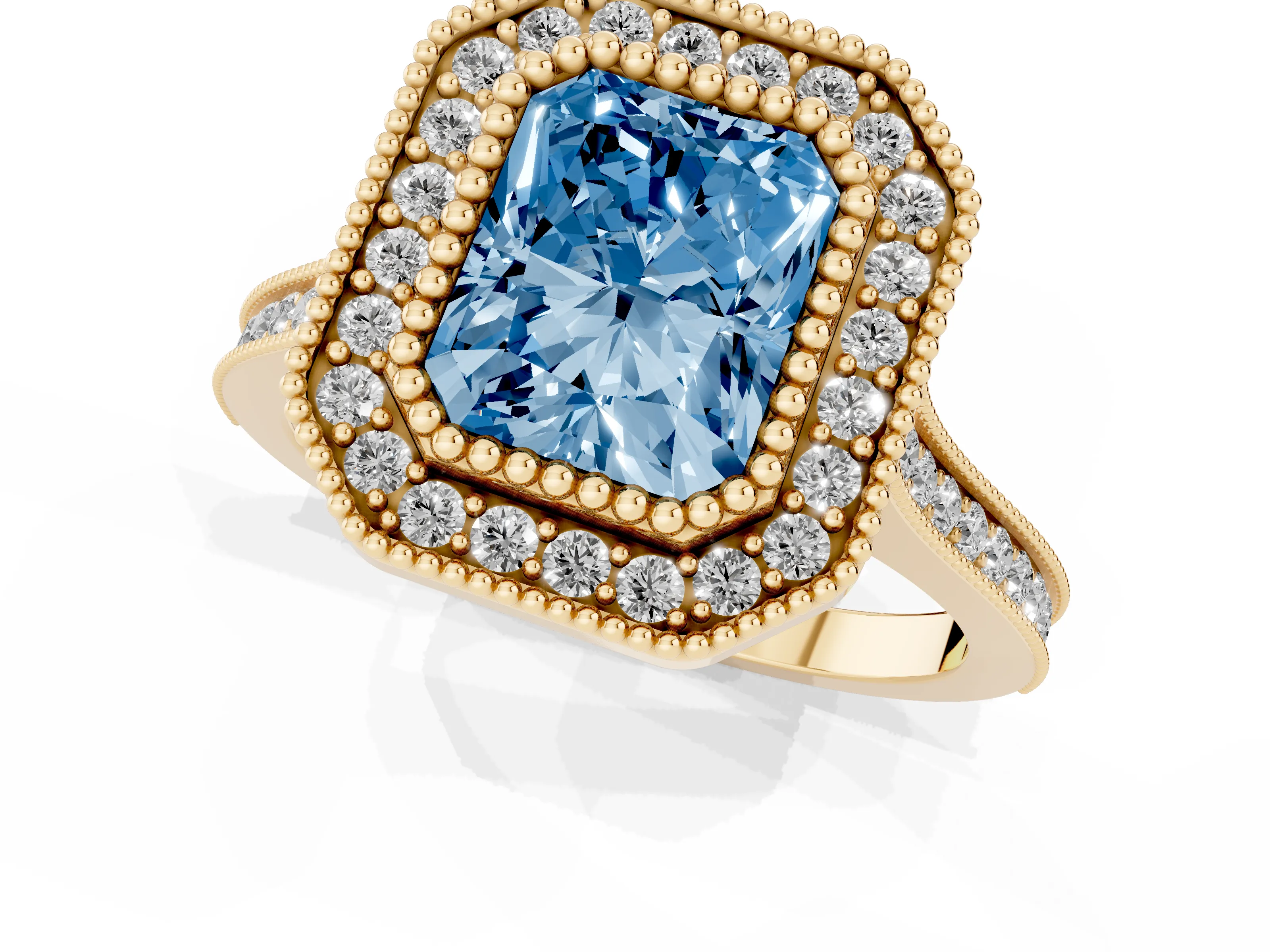 Fancy Blue Radiant Cut Diamond Halo Ring Set in Yellow gold with Milgrain Frame and Pavé Band