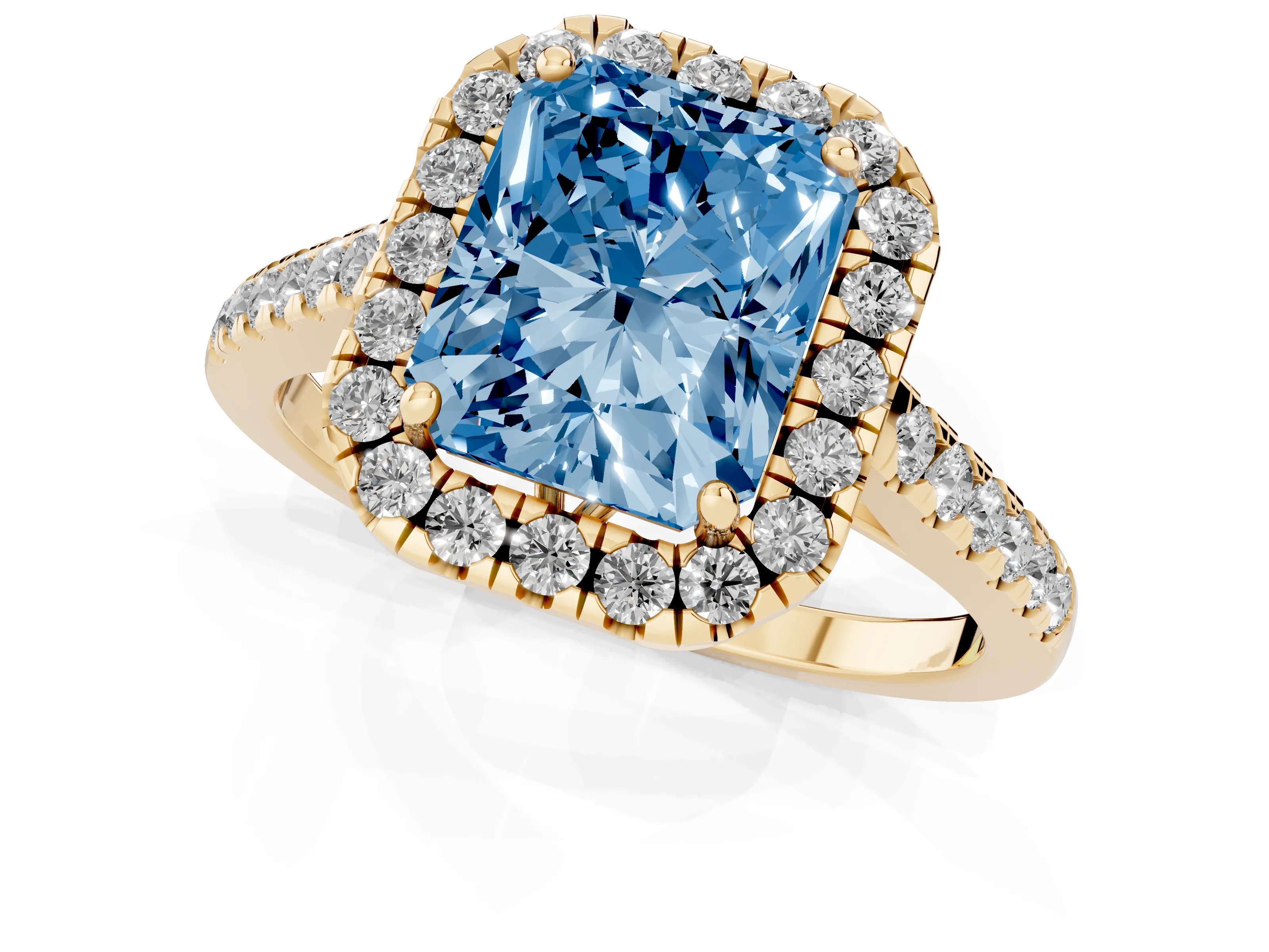 Fancy Blue Radiant Cut Diamond Pavé Halo Engagement Ring Set in Yellow gold with Pavé Band and Prong Setting