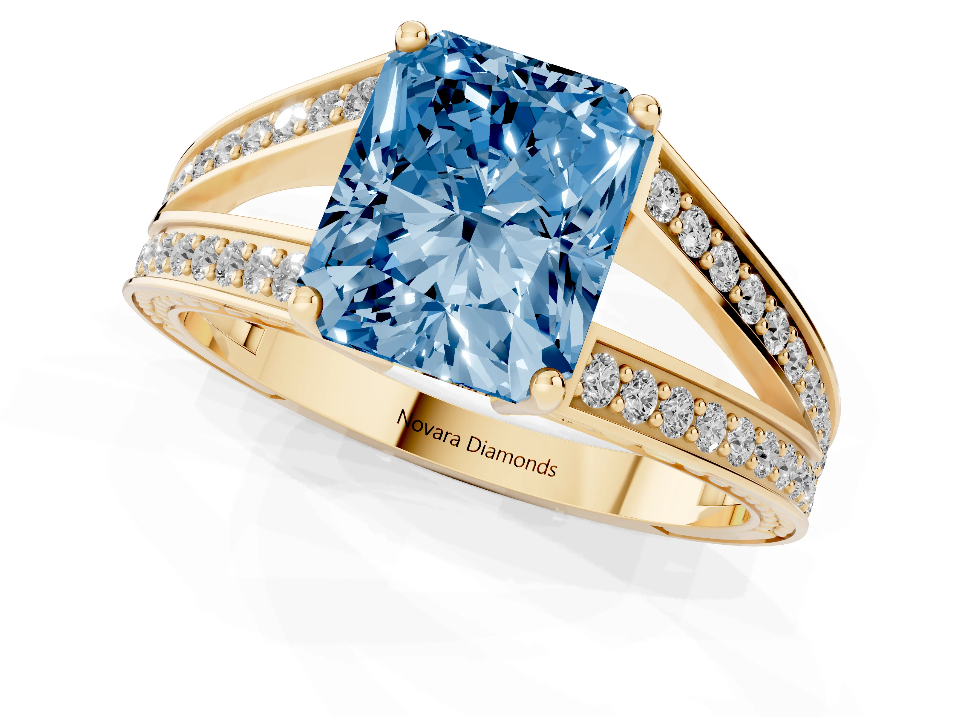Fancy Blue Radiant Cut Diamond Split Shank Ring Set in Yellow gold with Pavé Band and Prong Setting