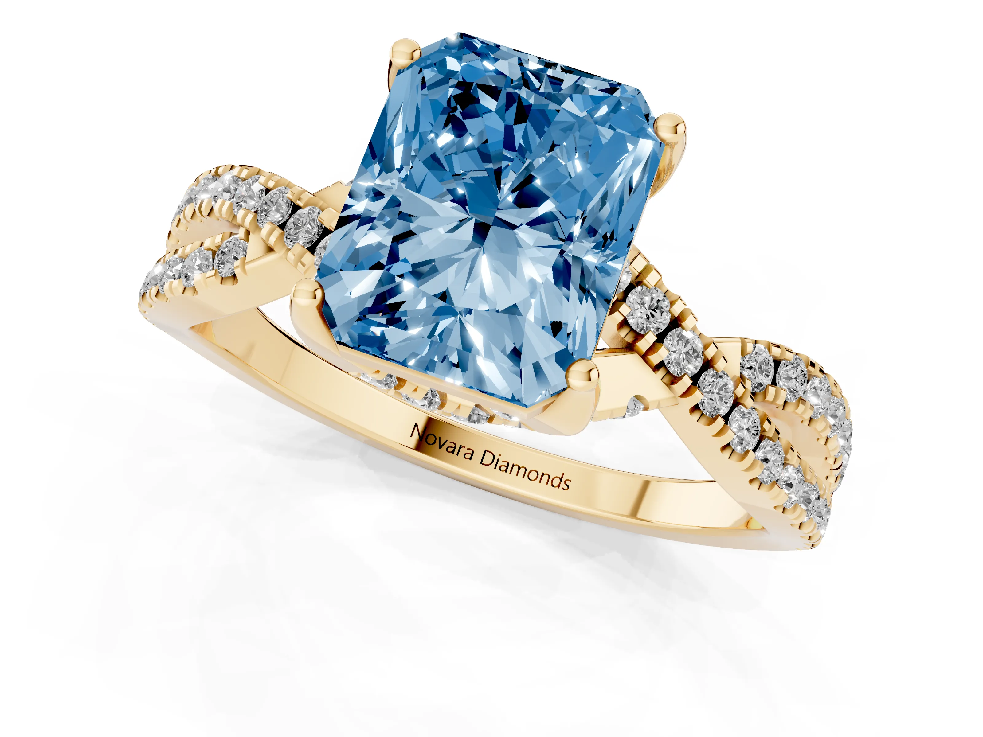 Fancy Blue Radiant Cut Diamond Twist Pavé Solitaire Engagement Ring Set in Yellow gold with Prong Setting