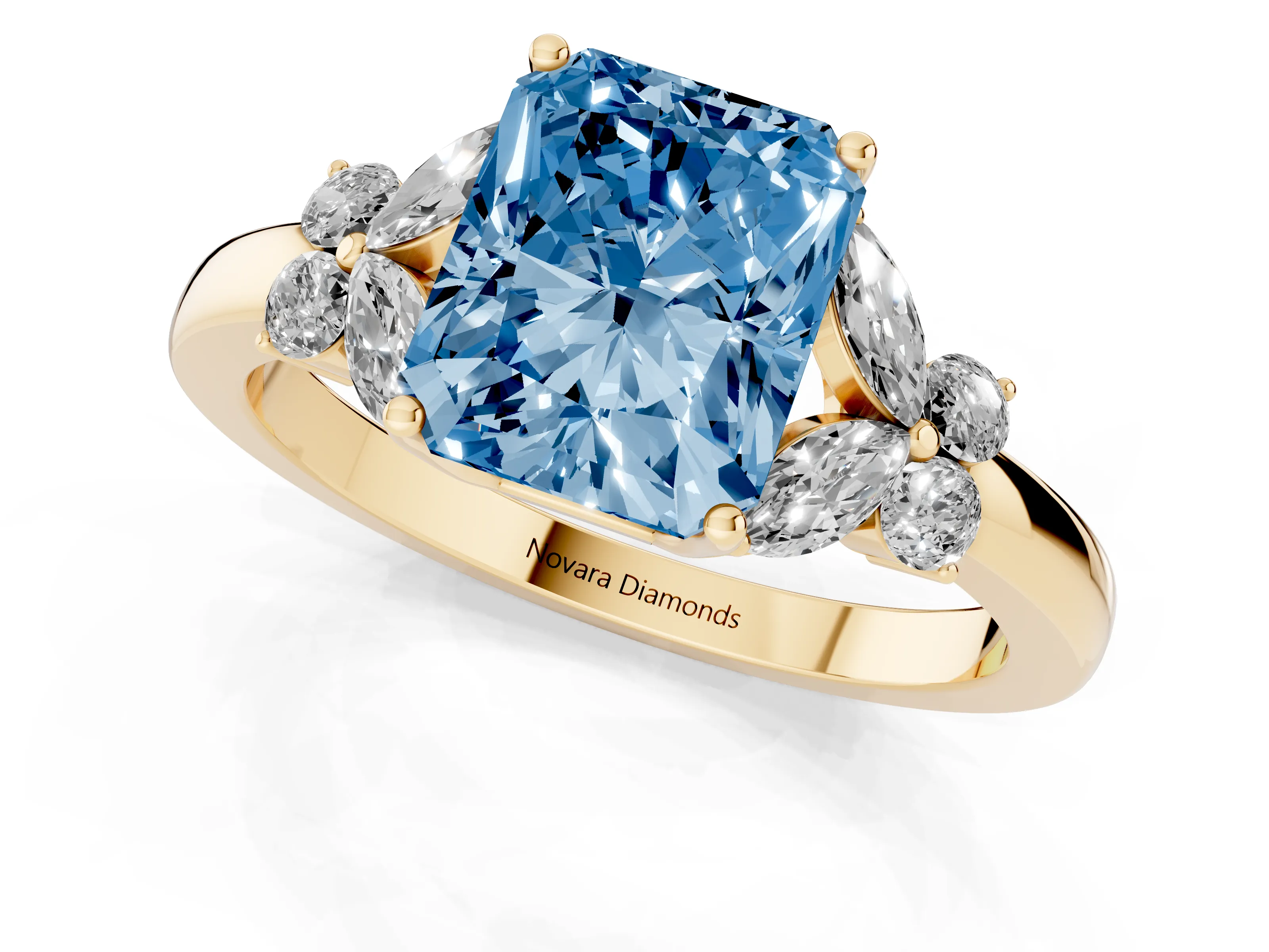 Fancy Blue Radiant Cut Diamond Solitaire Floral Ring Set in Yellow gold with Marquise Petals and Prong Setting