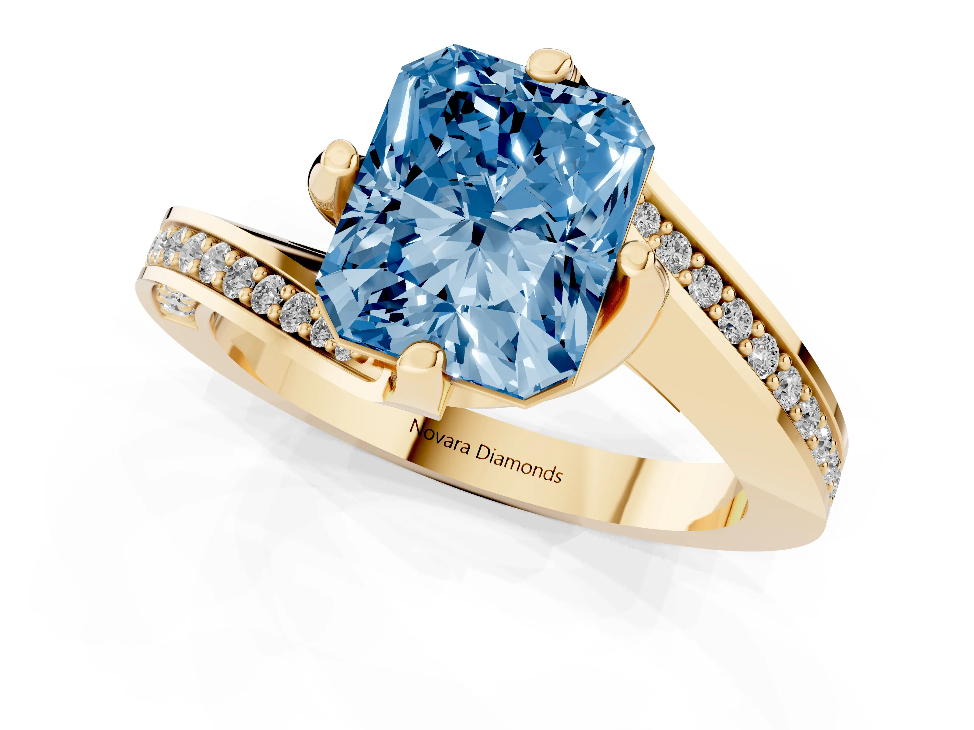 Fancy Blue Radiant Cut Diamond Solitaire Ring Set in Yellow gold with Intertwined Pavé Twist Band