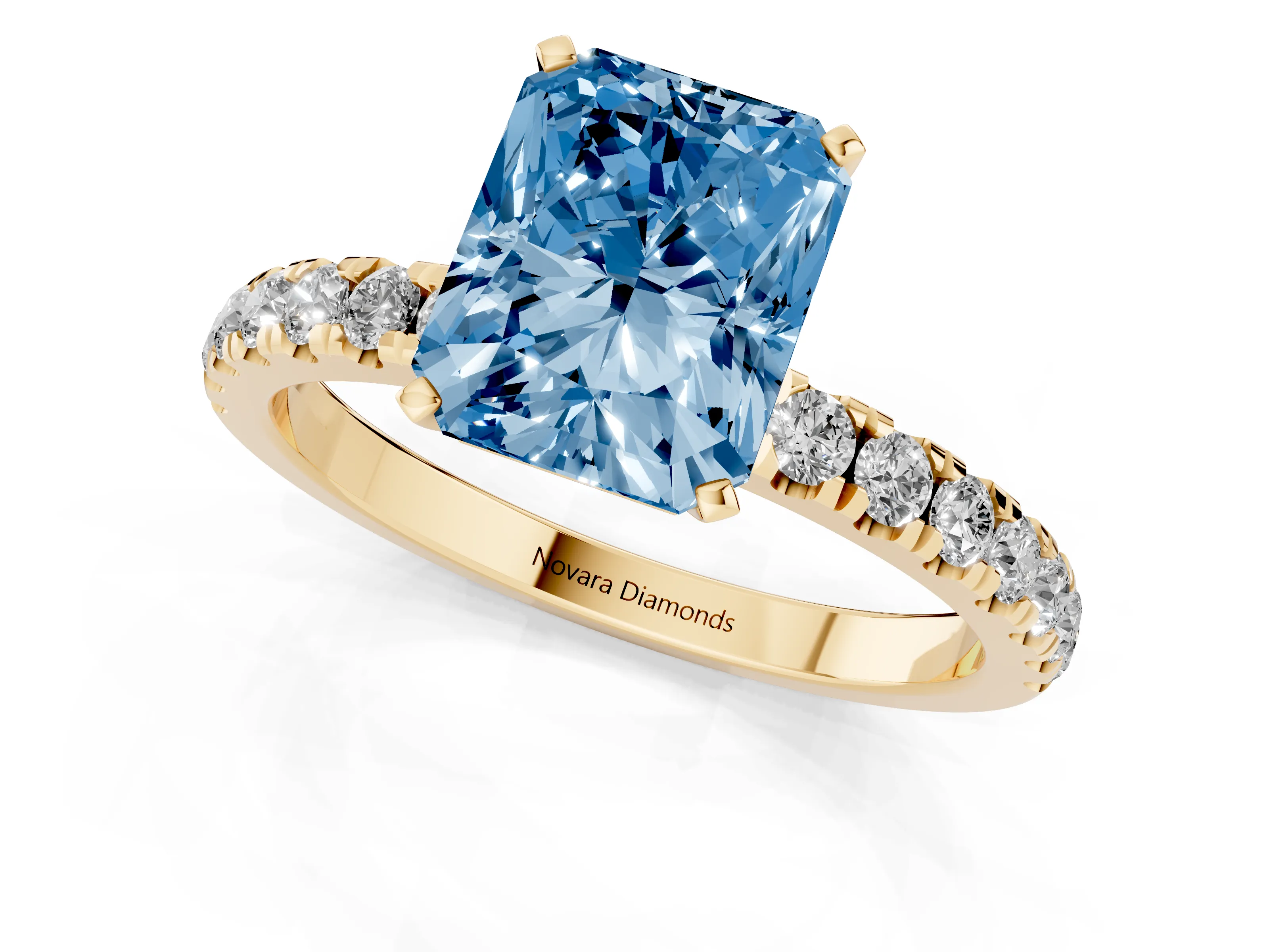Fancy Blue Radiant Cut Diamond Solitaire Ring Set in Yellow gold with Pavé Accents and Prong Setting