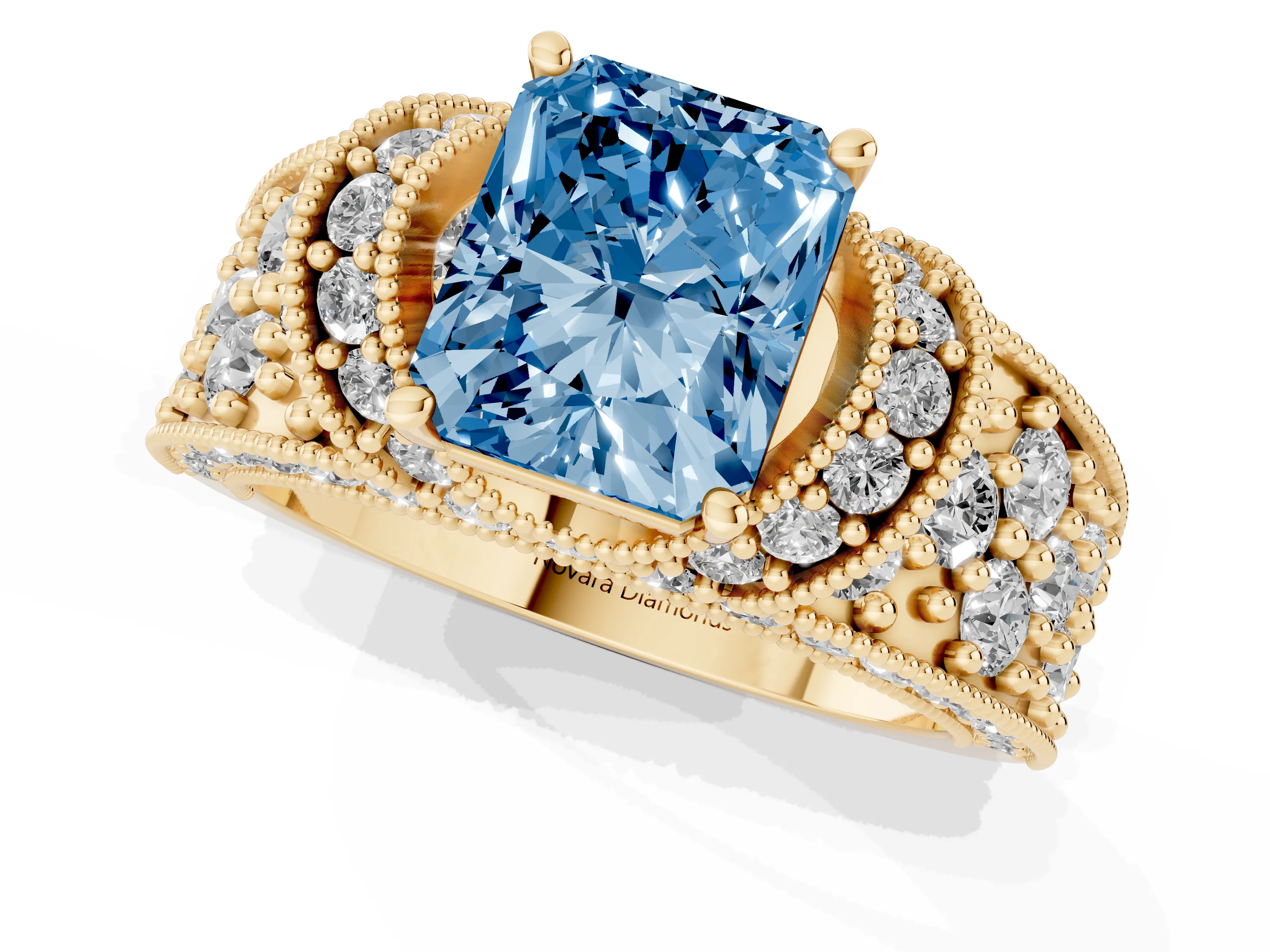 Fancy Blue Radiant Cut Diamond Milgrain Halo Pavé Engagement Ring Set in Yellow gold with Prong Setting