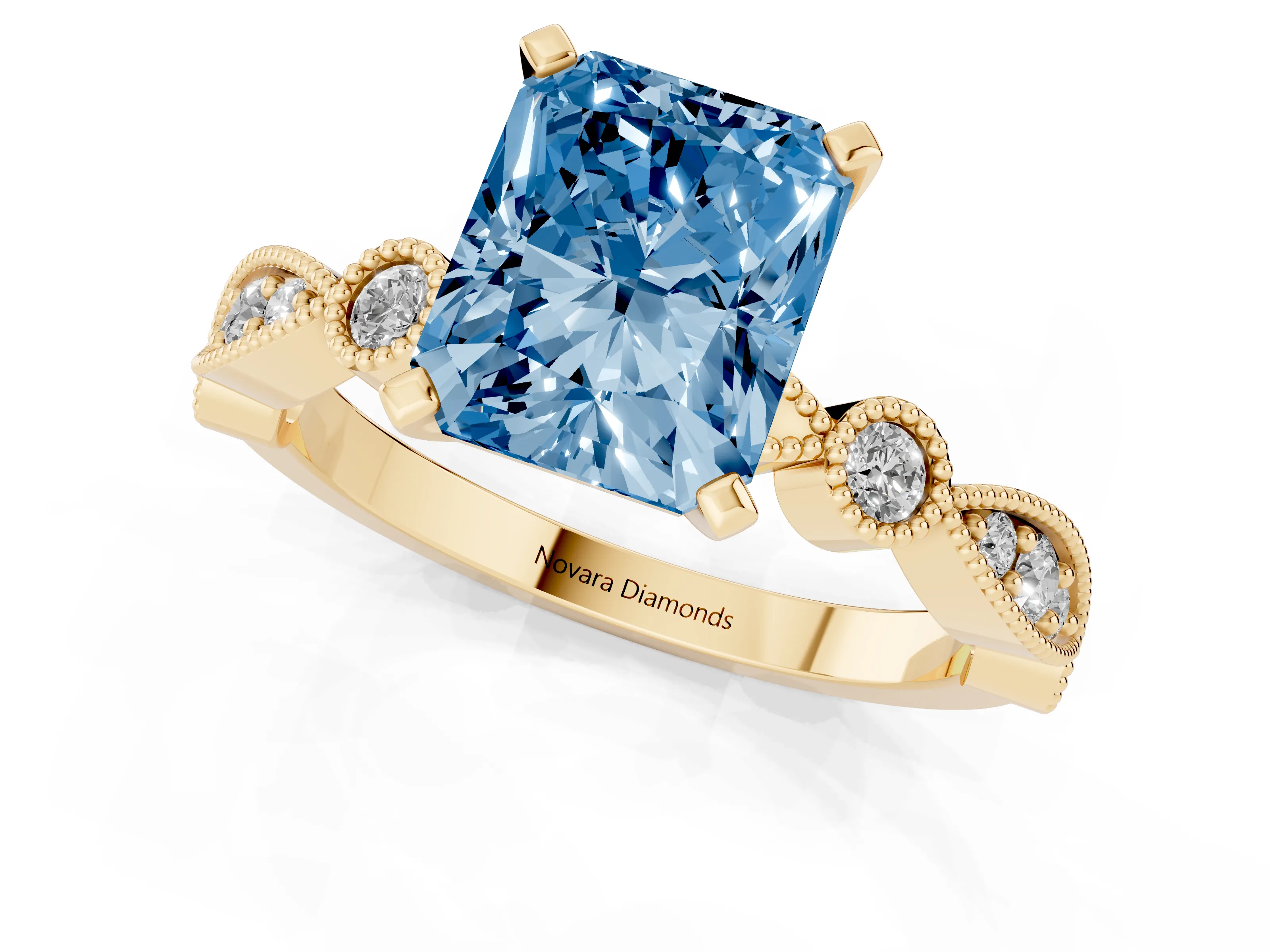 Fancy Blue Radiant Cut Diamond Solitaire Engagement Ring Set in Yellow gold with Milgrain Bezel Accent Band