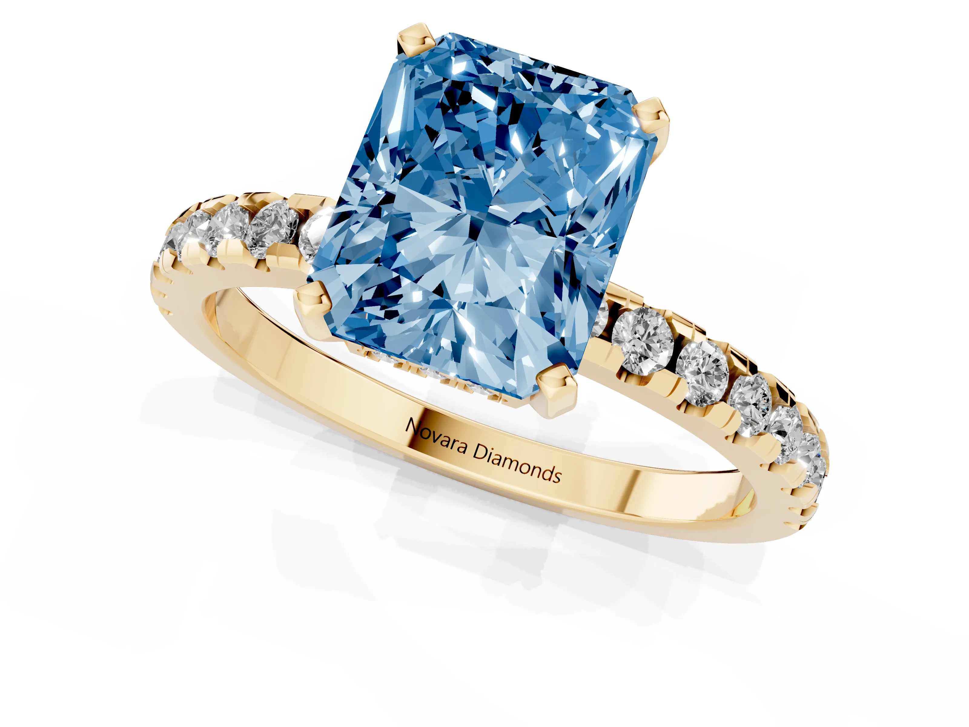 Fancy Blue Radiant Cut Diamond Pavé Solitaire Ring Set in Yellow gold with Round Band Accents and Prong Setting