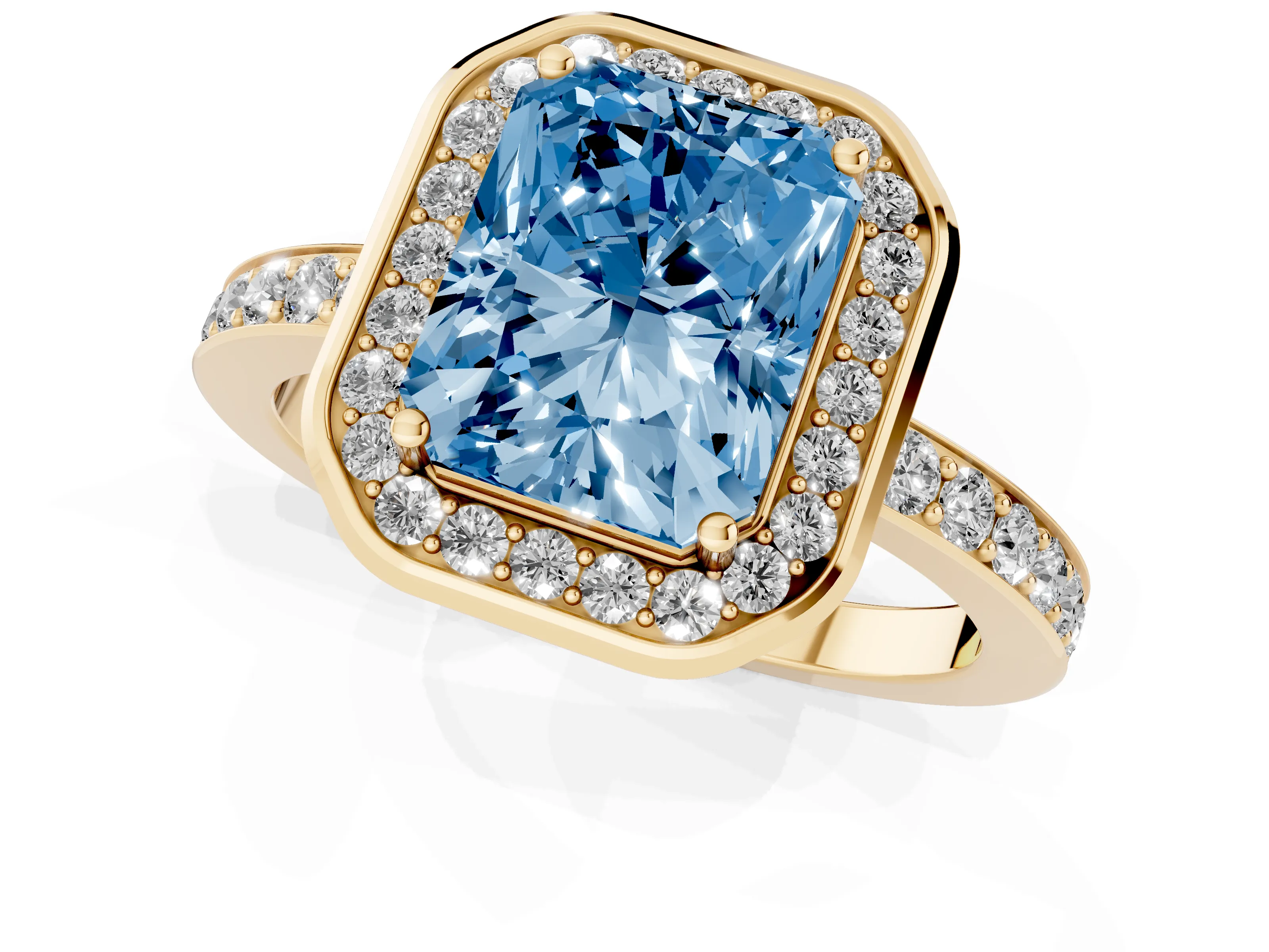 Fancy Blue Radiant Cut Diamond Halo Ring Set in Yellow gold with Bezel Frame and Pavé Band