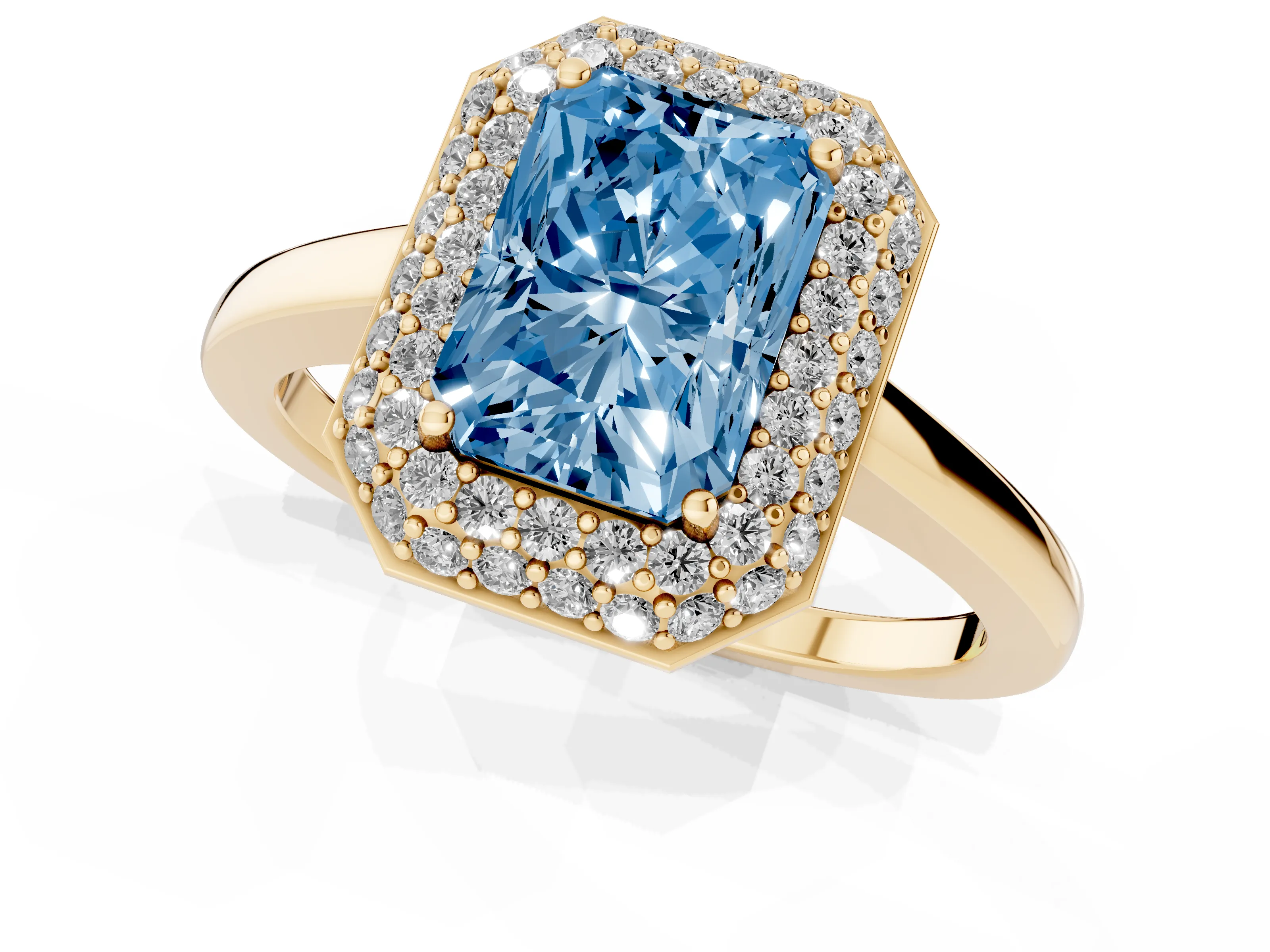 Fancy Blue Radiant Cut Diamond Halo Engagement Ring Set in Yellow gold with Solitaire Band and Prong Setting