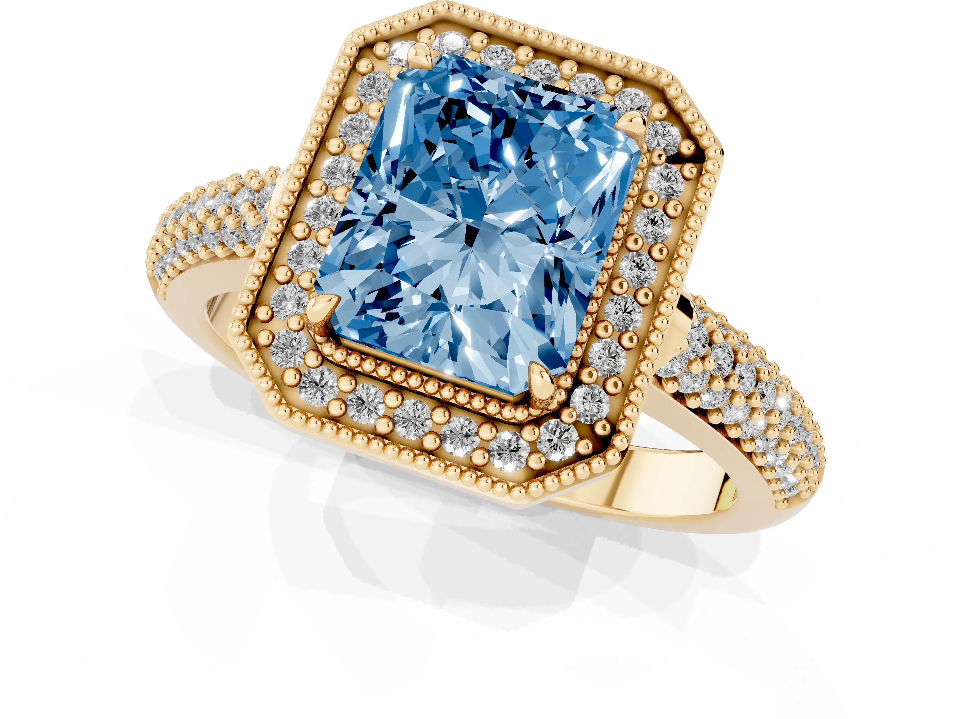 Fancy Blue Radiant Cut Diamond Halo Pavé Band Set in Yellow gold with Prong Setting