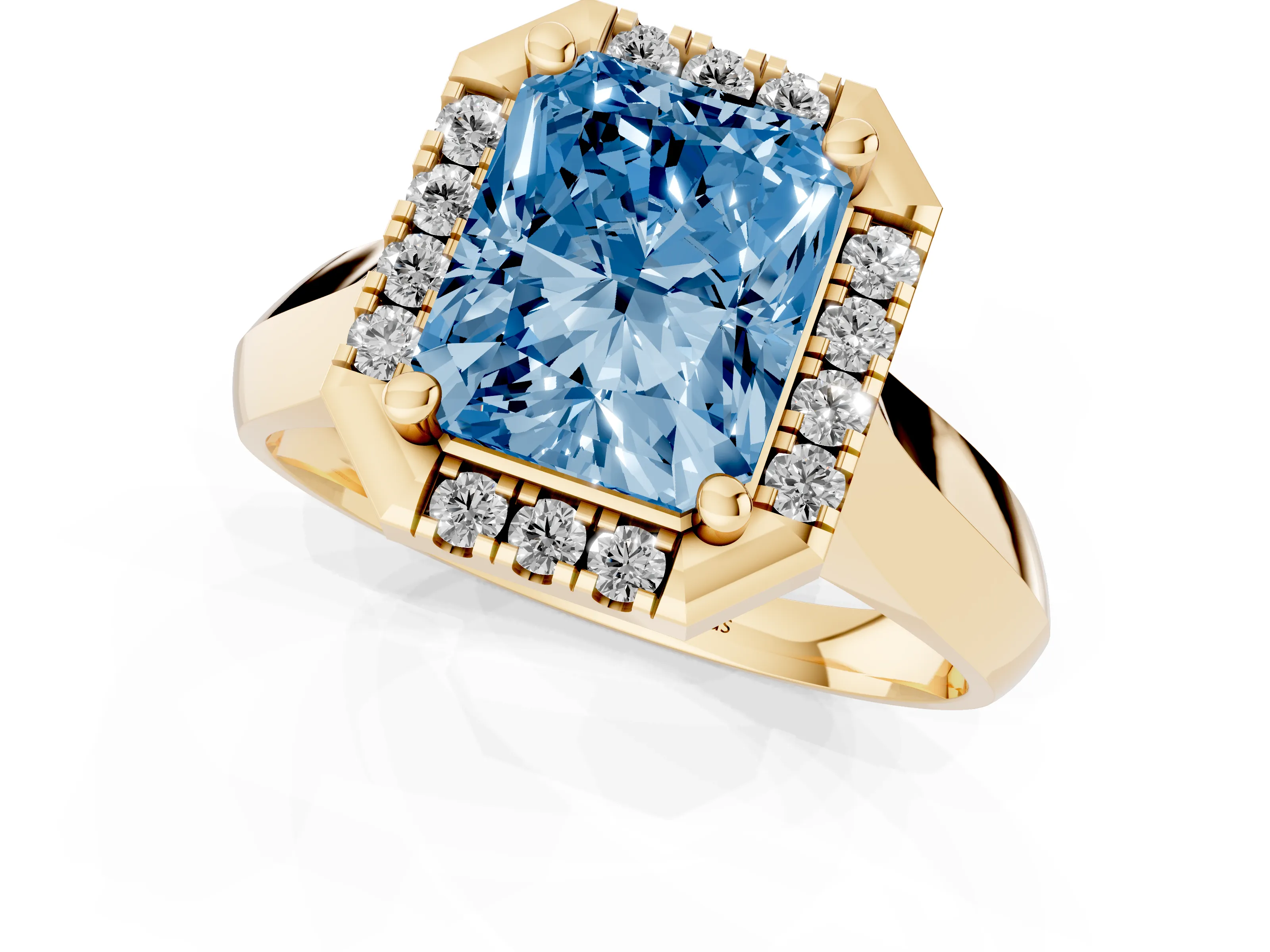 Fancy Blue Radiant Cut Diamond Halo Solitaire Engagement Ring Set in Yellow gold with Square Band and Prong Setting