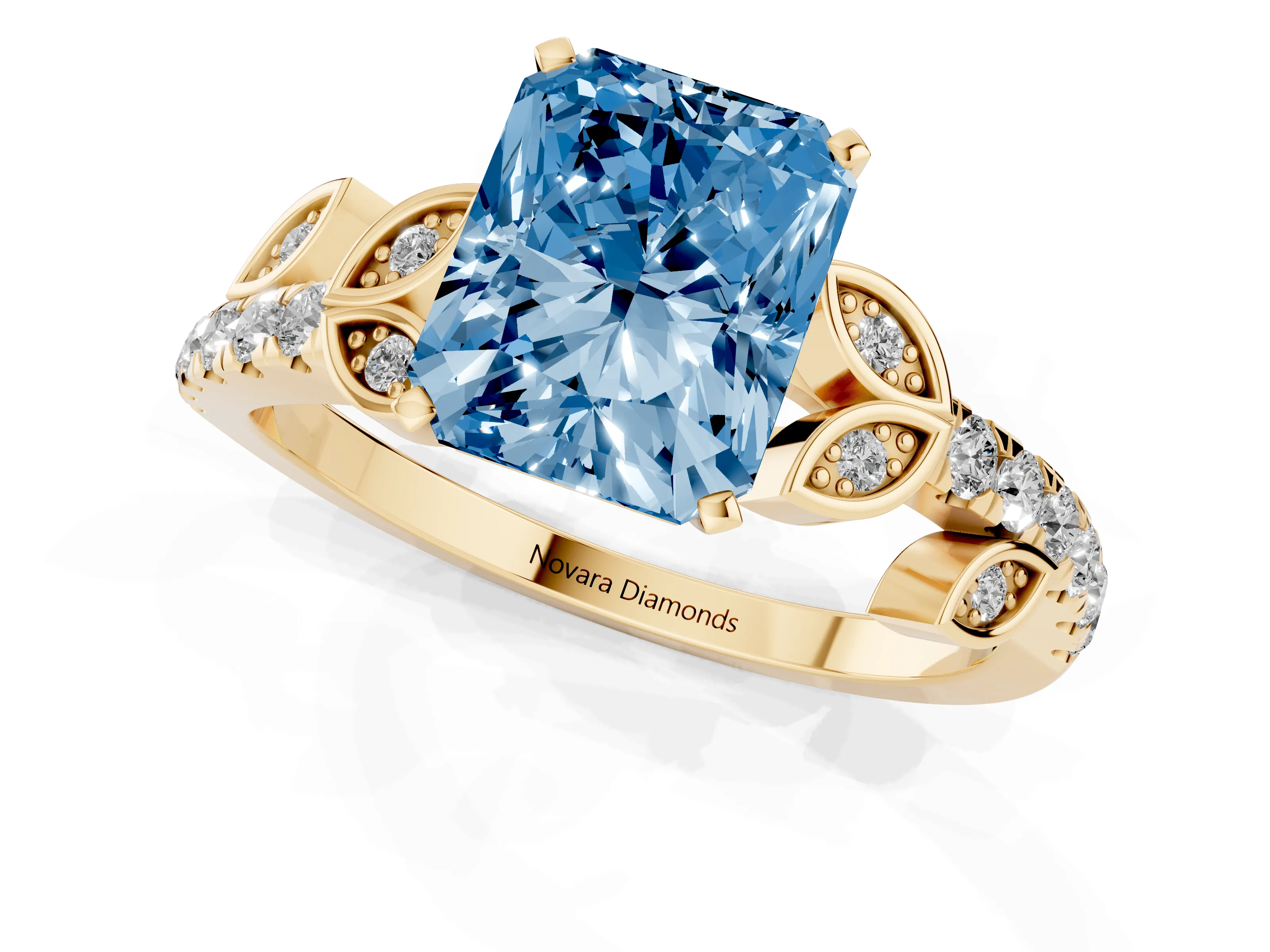 Fancy Blue Radiant Cut Diamond Solitaire Leaf-Inspired Ring Set in Yellow gold with Pavé Band and Prong Setting