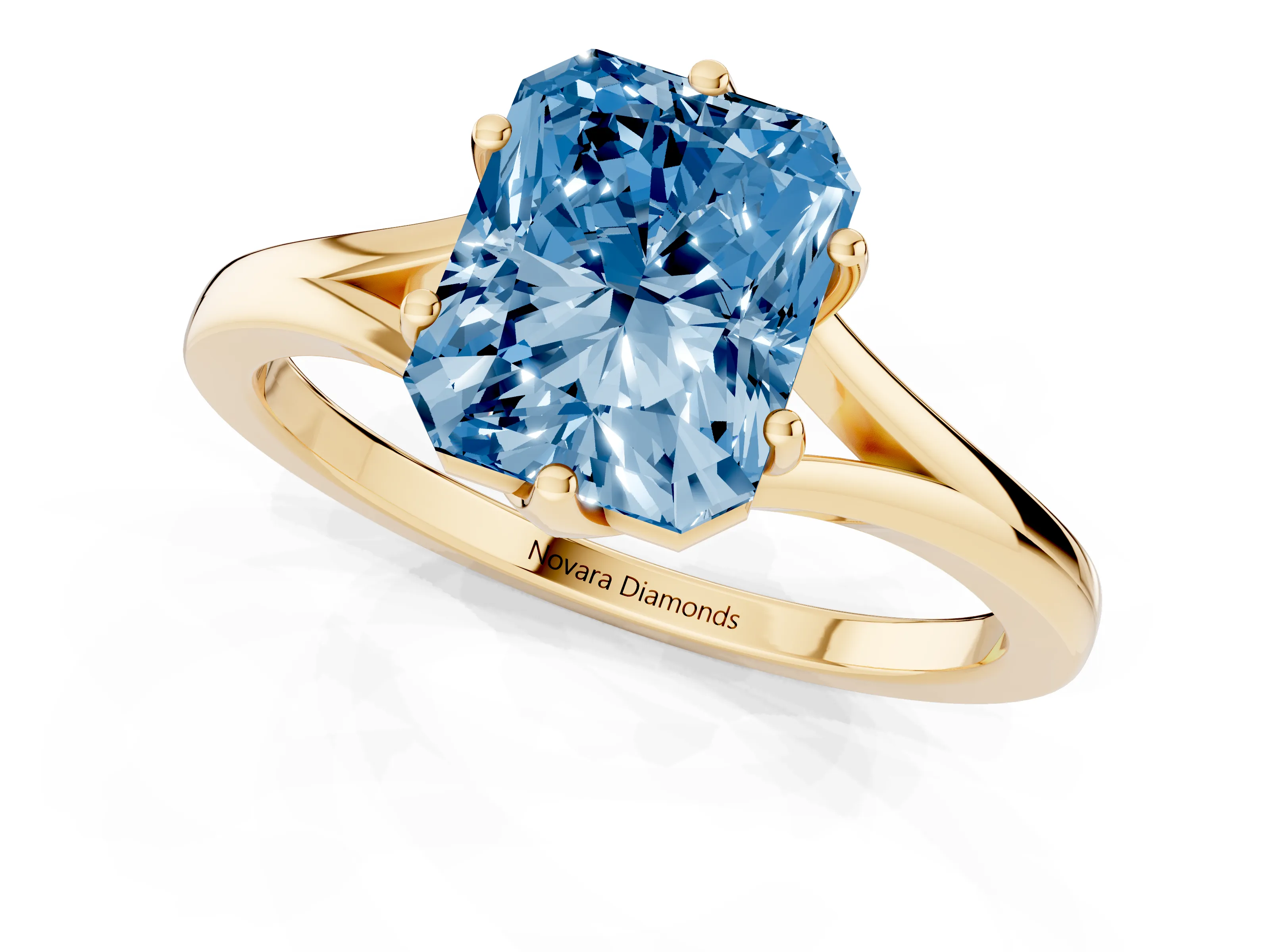 Fancy Blue Radiant Cut Diamond Solitaire Ring Set in Yellow gold with Polished Tapered Band and Prong Setting