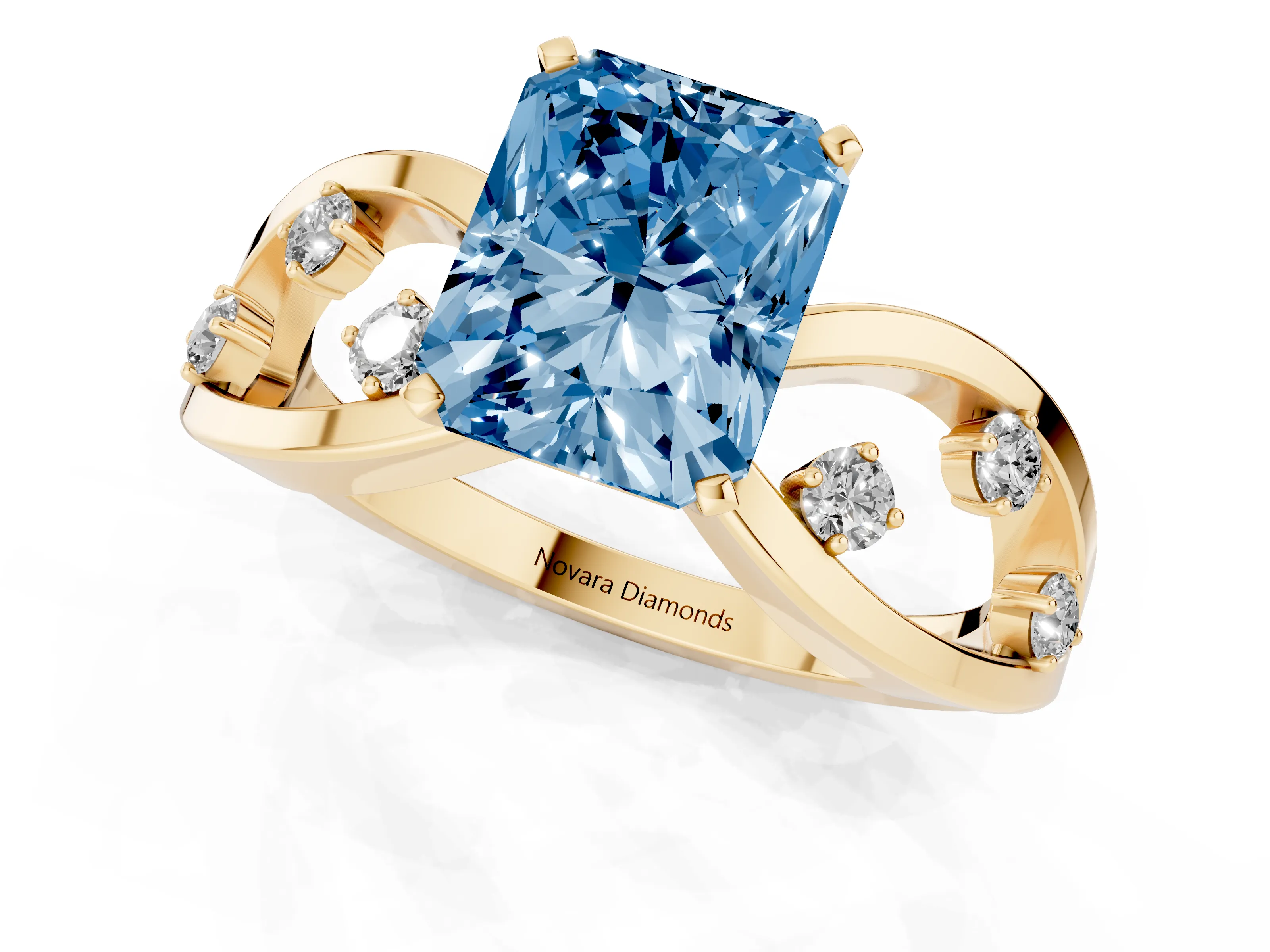 Fancy Blue Radiant Cut Diamond Solitaire Ring Set in Yellow gold with Side Stones on Criss-Cross Band and Prong Setting