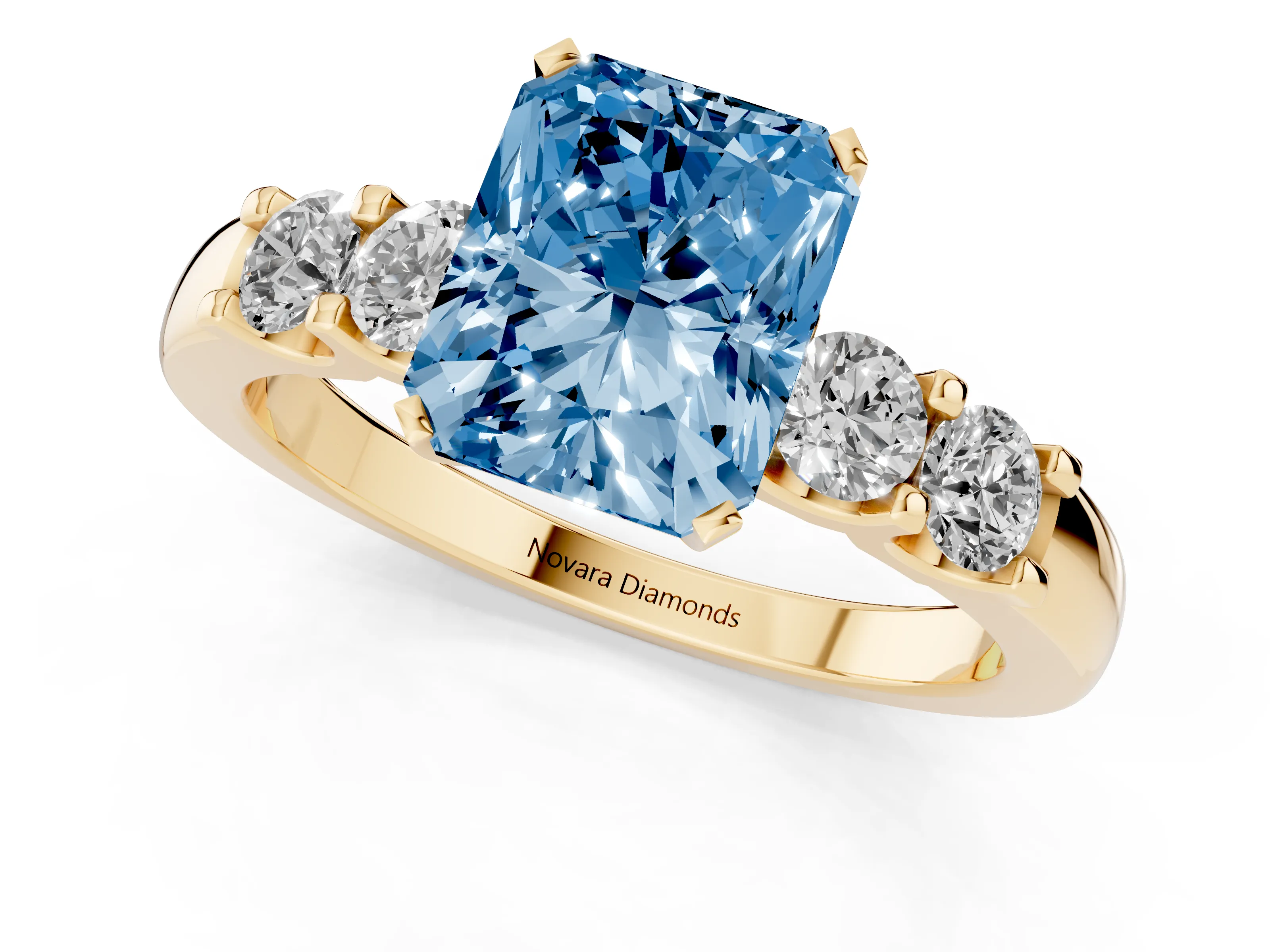 Fancy Blue Radiant Cut Diamond Five-Stone Prong Set Engagement Ring Set in Yellow gold with Channel Band