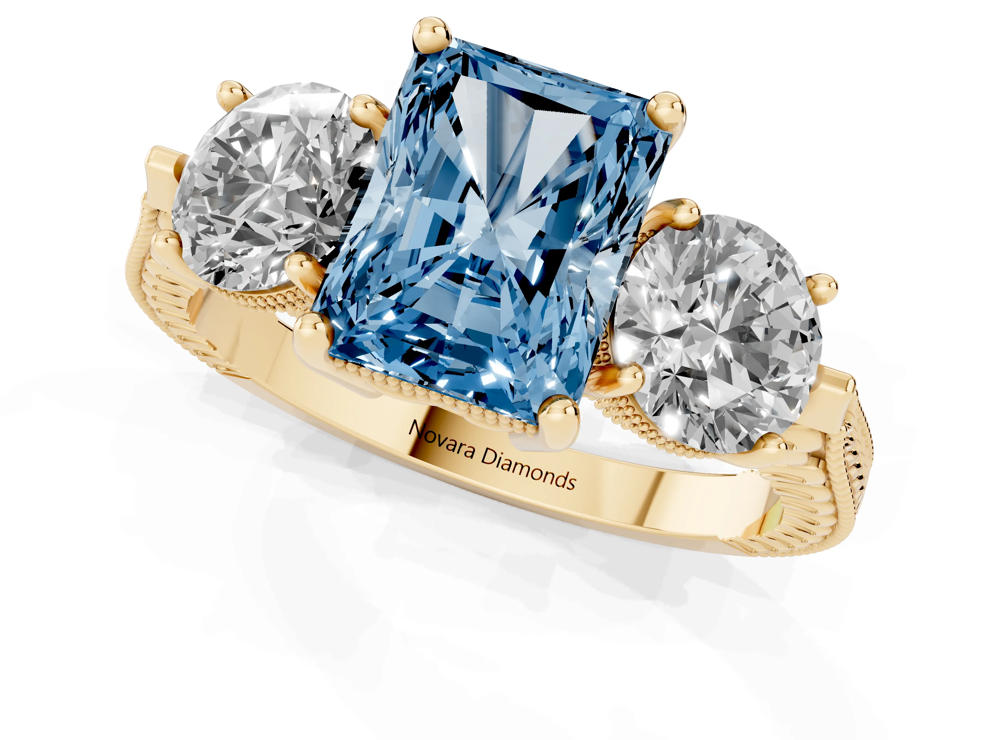 Fancy Blue Radiant Cut Diamond Three-Stone Ring Set in Yellow gold with Milgrain Band