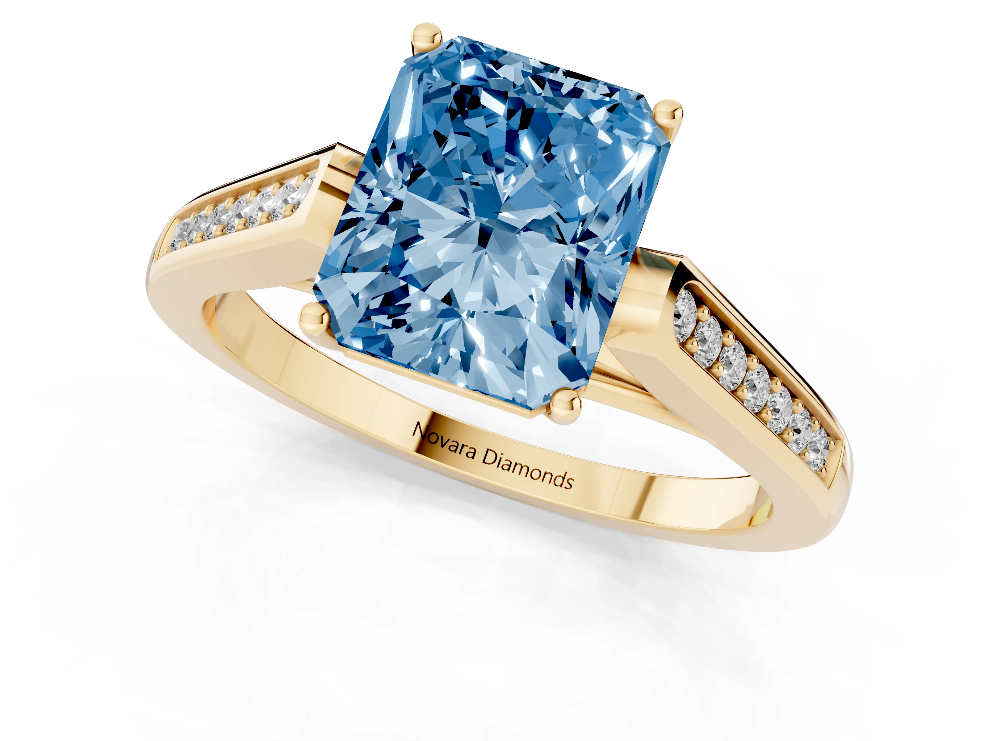 Fancy Blue Radiant Cut Diamond Solitaire Cathedral Engagement Ring Set in Yellow gold with Channel-Set Band and Prong Setting