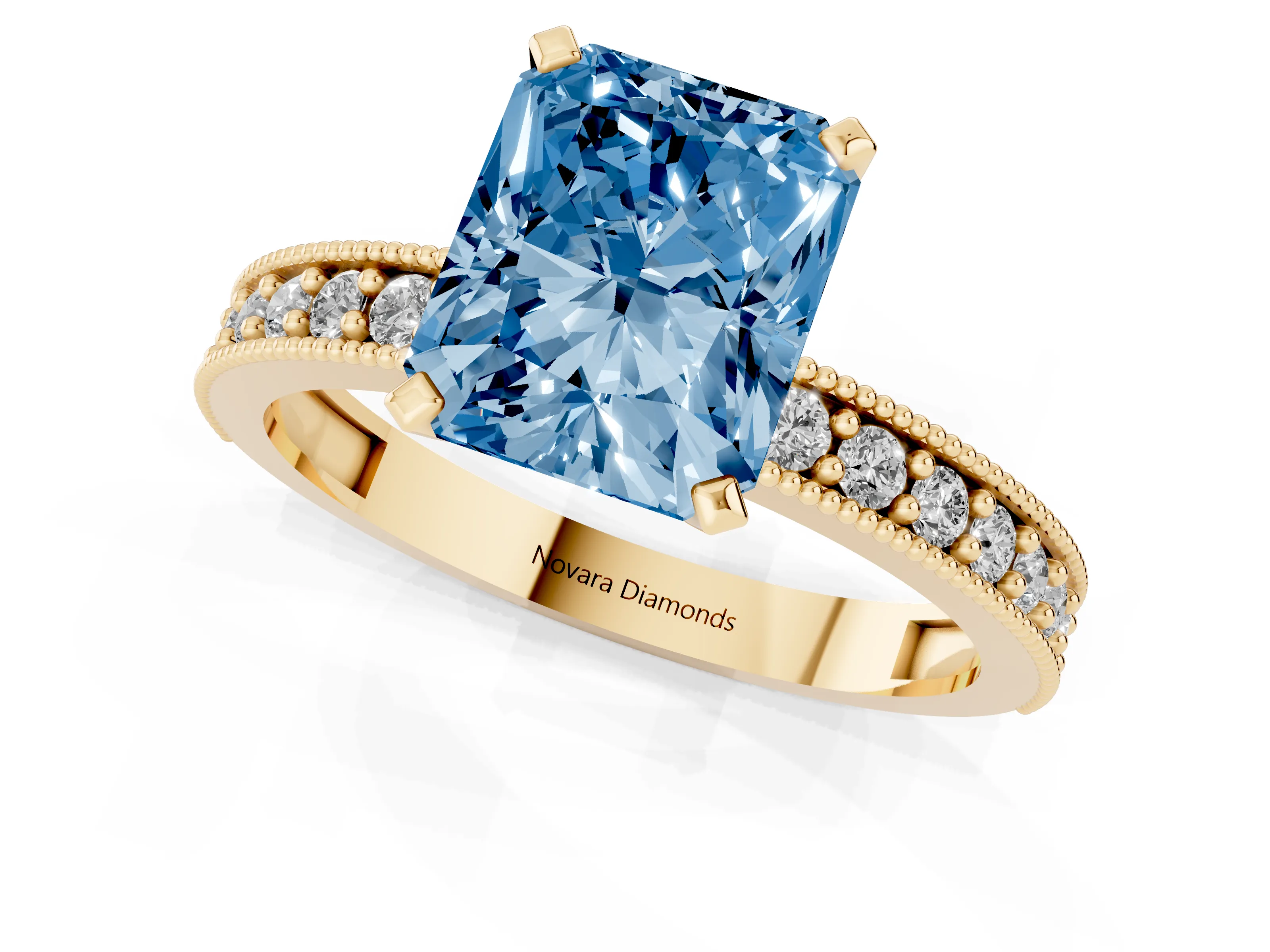 Fancy Blue Radiant Cut Diamond Milgrain Pavé Engagement Ring Set in Yellow gold with Prong Setting