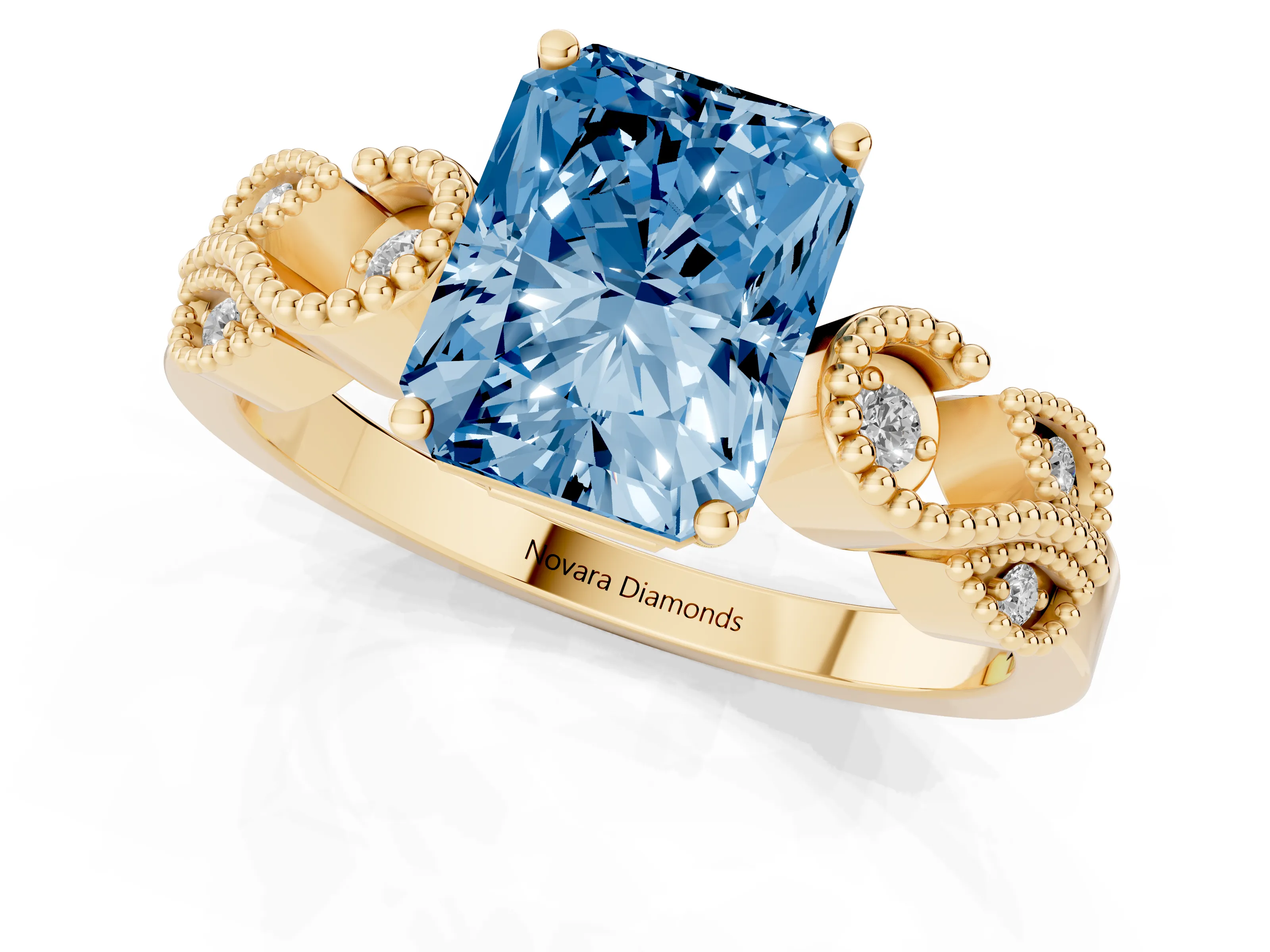 Fancy Blue Radiant Cut Diamond Milgrain Leaf Band Solitaire Ring Set in Yellow gold with Accent Stones and Prong Setting – second view