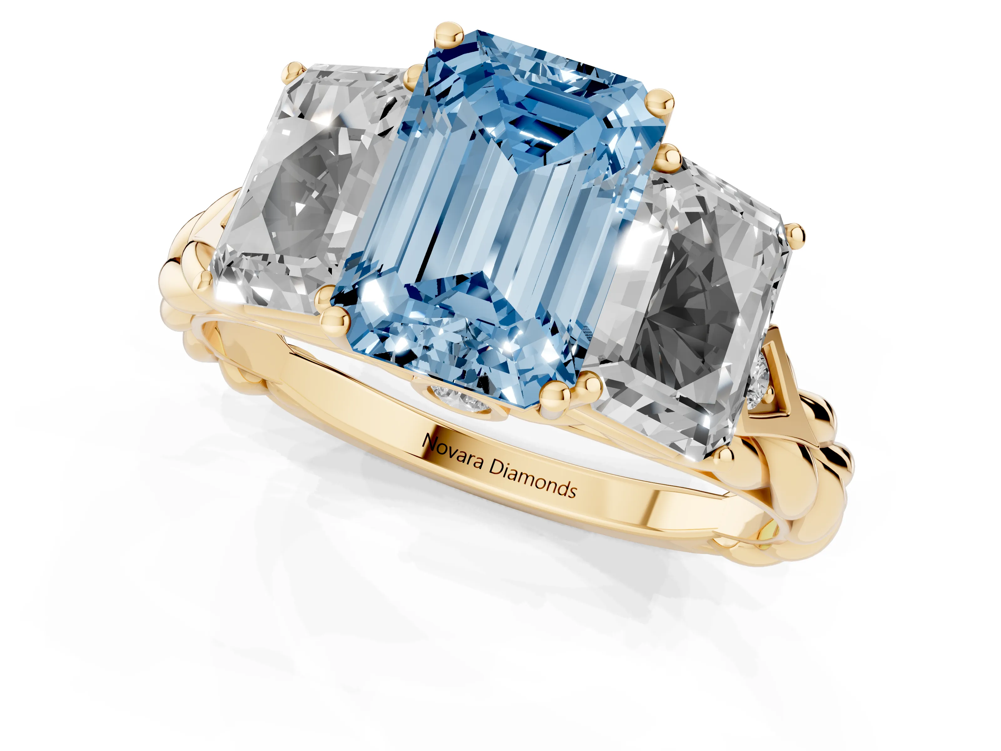 Fancy Blue Radiant Cut Diamond Three-Stone Ring Set in Yellow gold with Braided Band