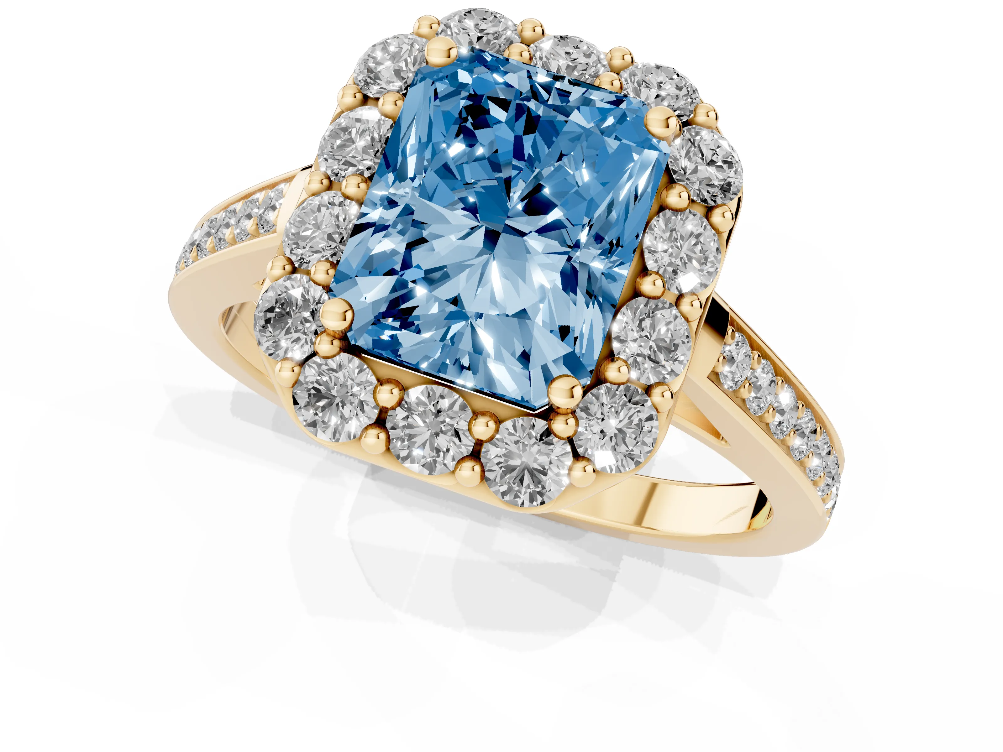 Fancy Blue Radiant Cut Diamond Floral Halo Ring Set in Yellow gold with Pavé Band and Prong Setting