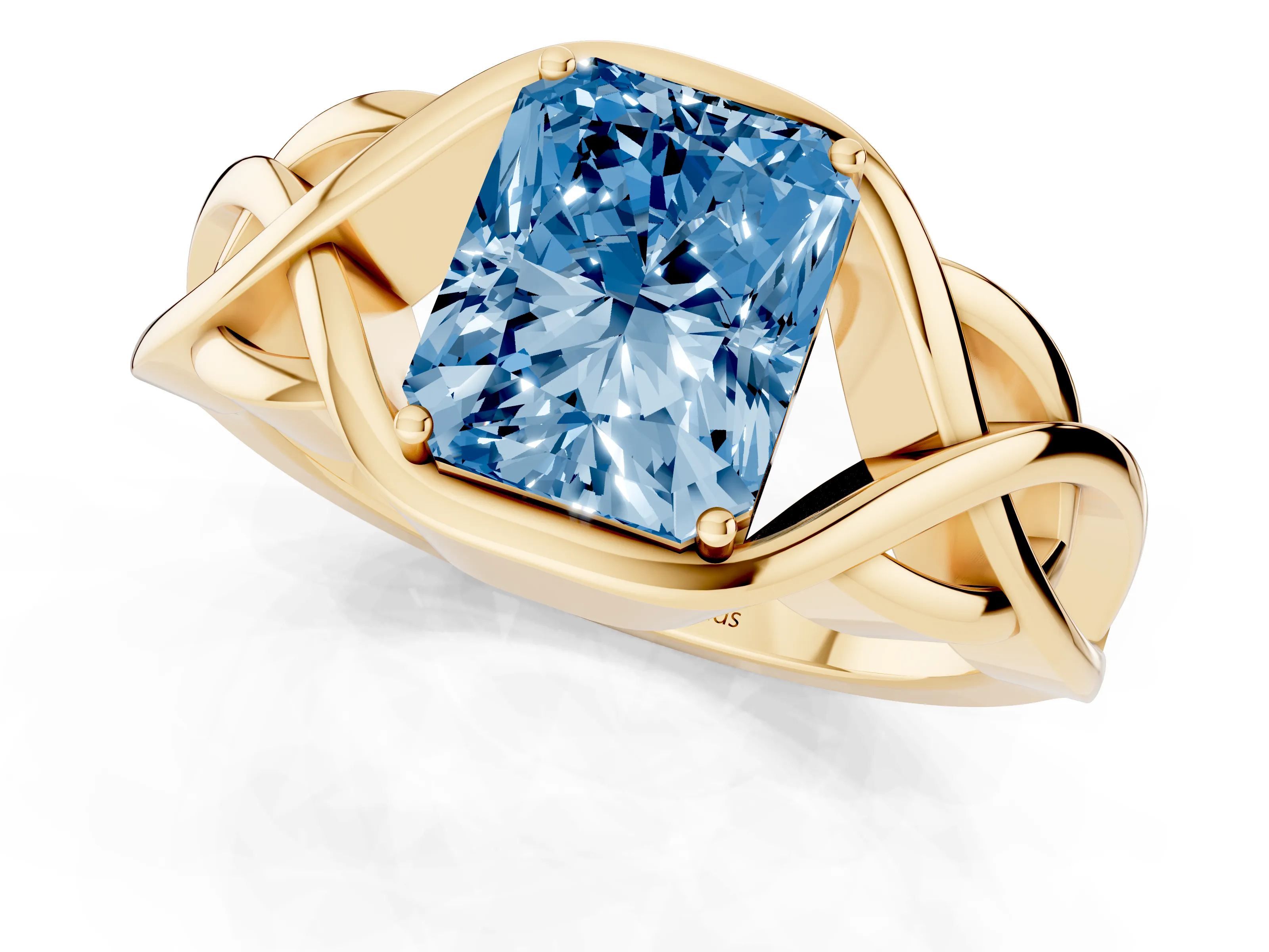Fancy Blue Radiant Cut Diamond Solitaire Ring Set in Yellow gold with Intertwined Band