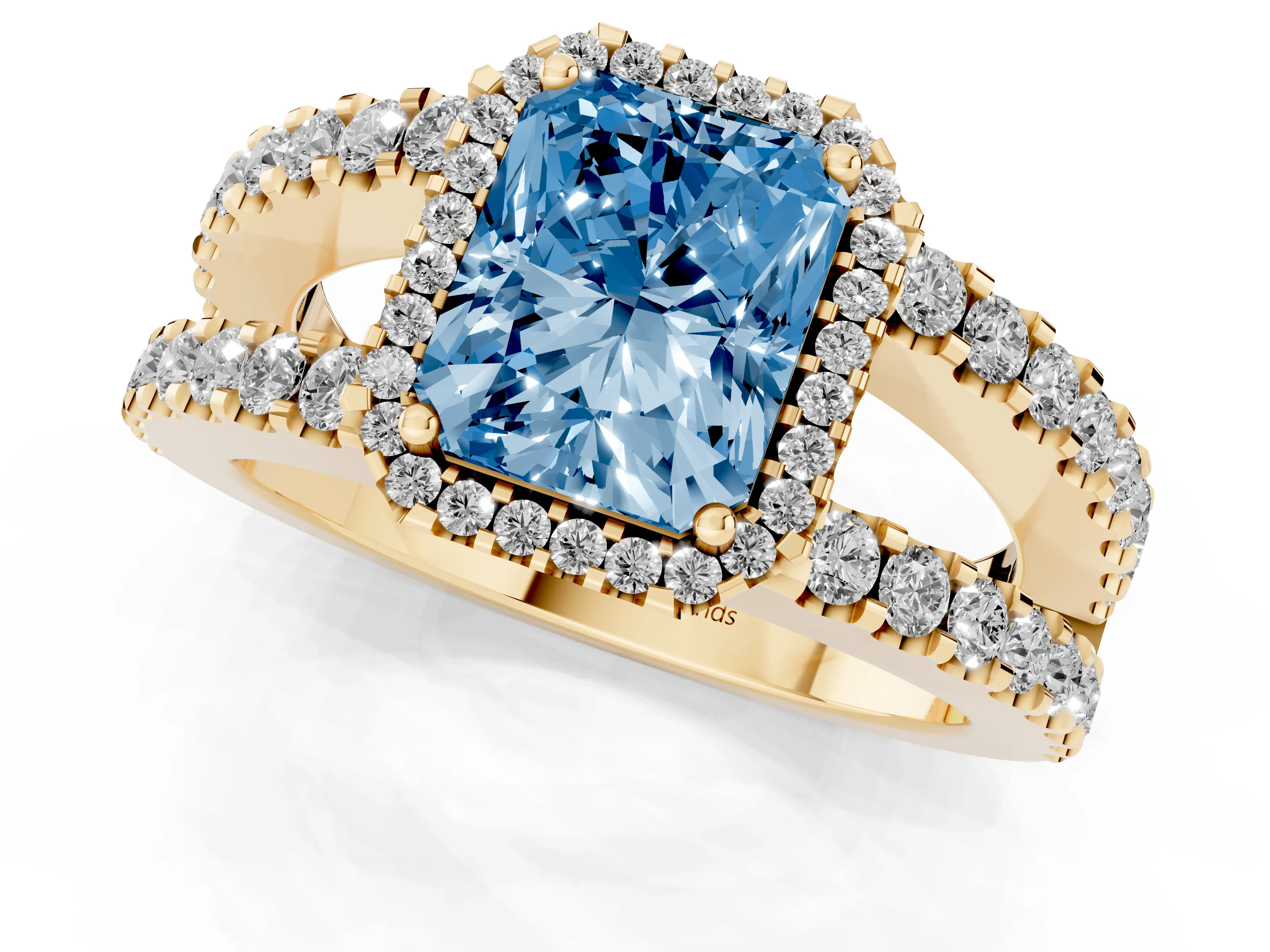 Fancy Blue Radiant Cut Diamond Halo Ring Set in Yellow gold with Pavé Split Shank and Prong Setting