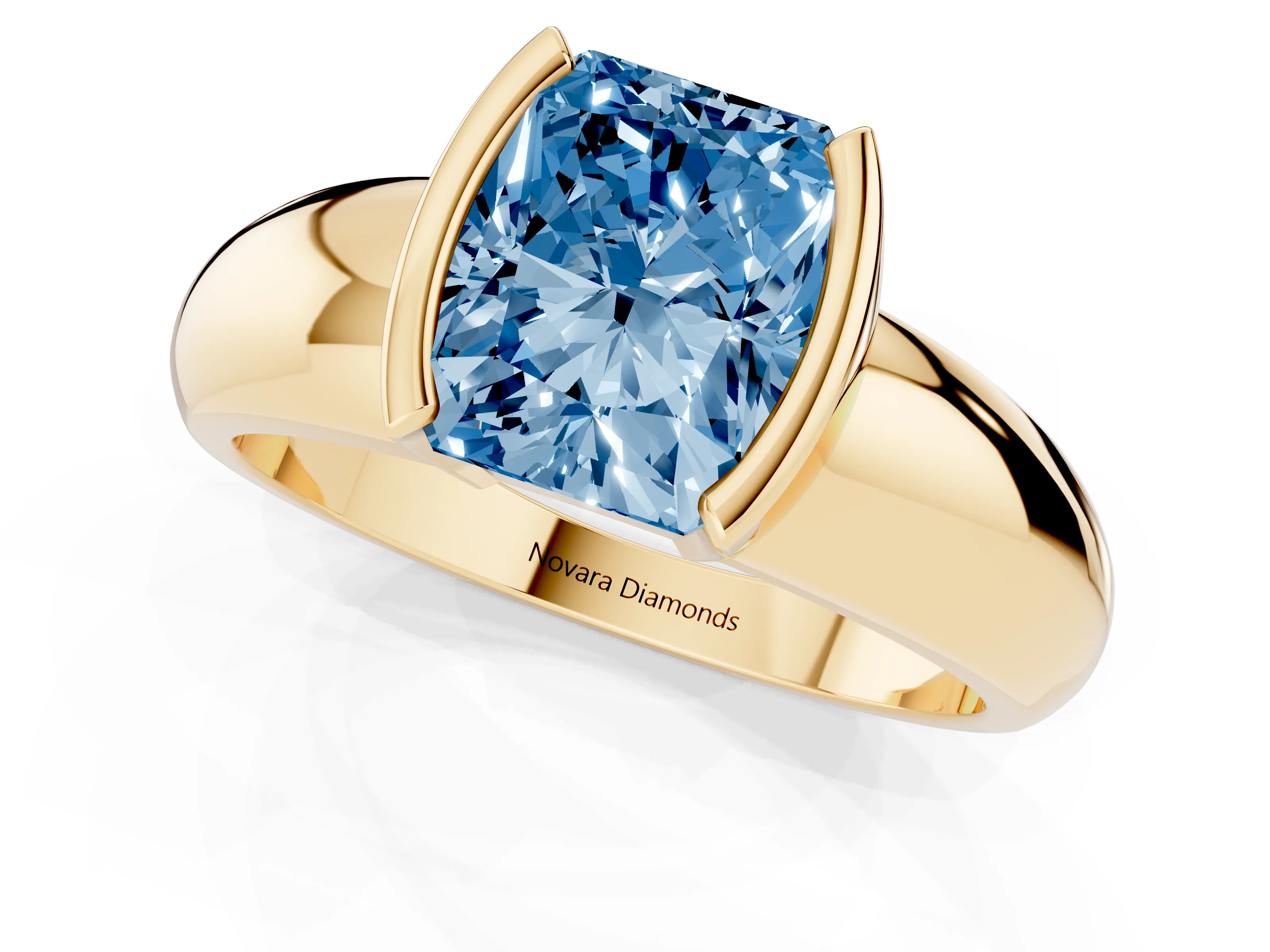 Fancy Blue Radiant Cut Diamond Solitaire Tension Set Ring Set in Yellow gold with Wide Band