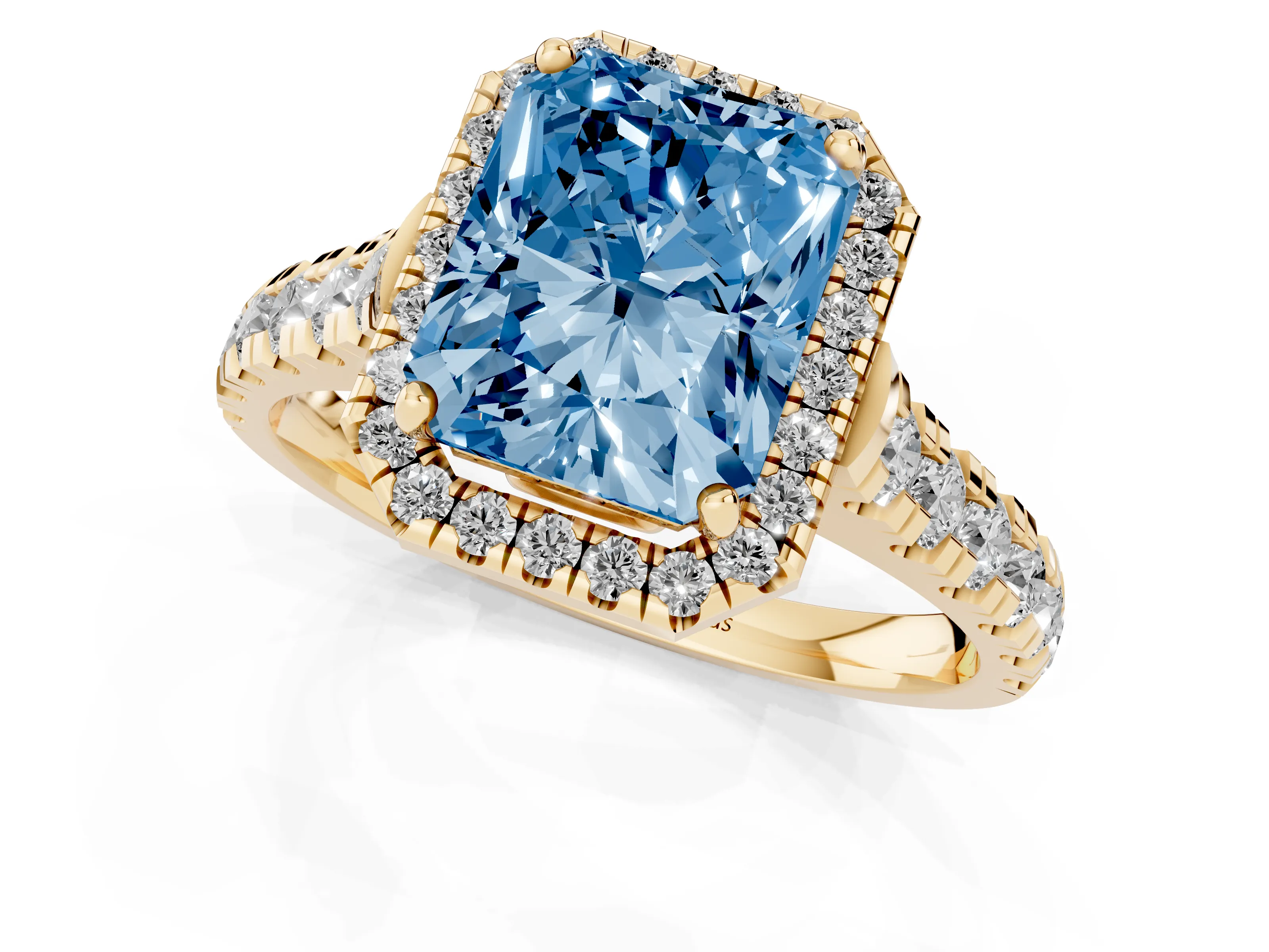 Fancy Blue Radiant Cut Diamond Halo Engagement Ring Set in Yellow gold with Pavé Band and Prong-Set Center