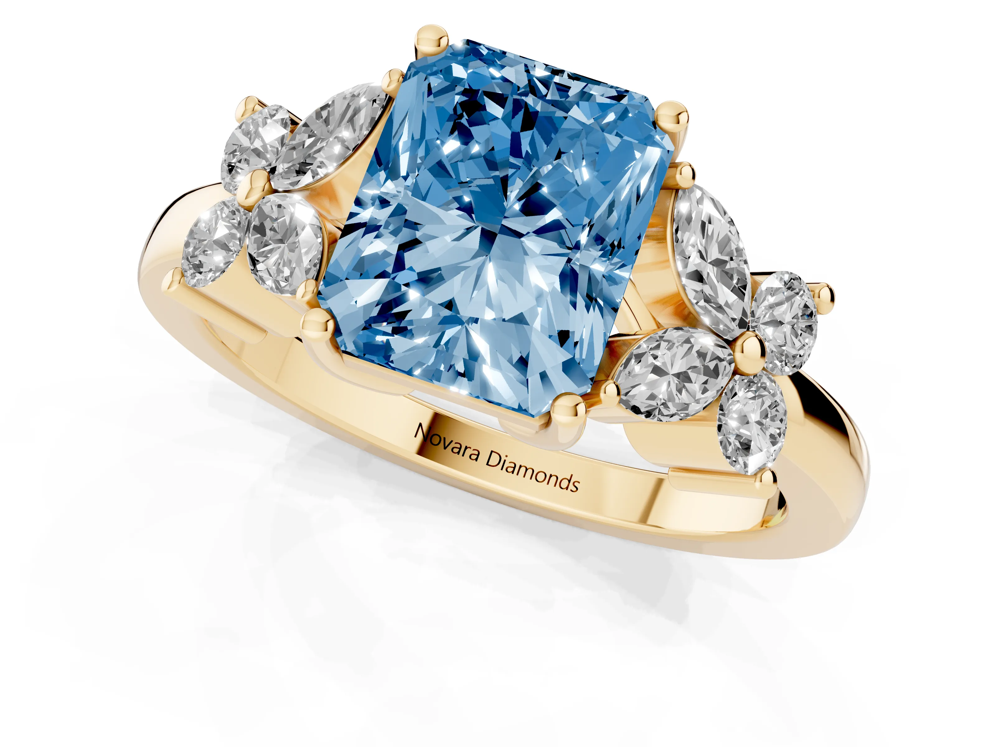 Fancy Blue Radiant Cut Diamond Floral Cluster Ring Set in Yellow gold with Marquise Petals and Prong Setting