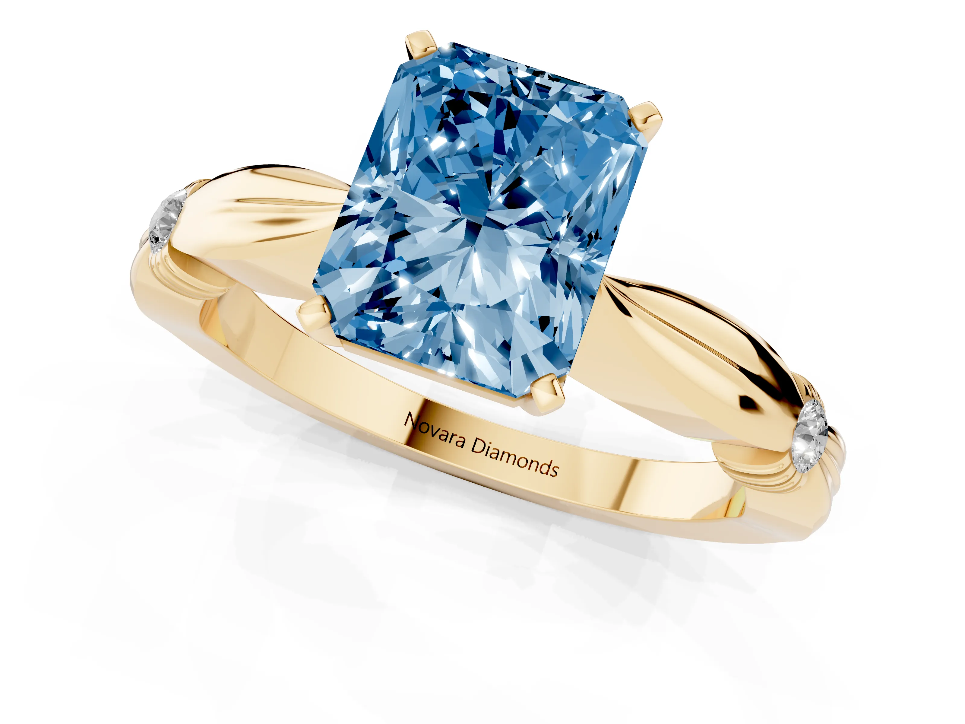 Fancy Blue Radiant Cut Diamond Solitaire Twisted Band Ring Set in Yellow gold with Accent Stones and Prong Setting